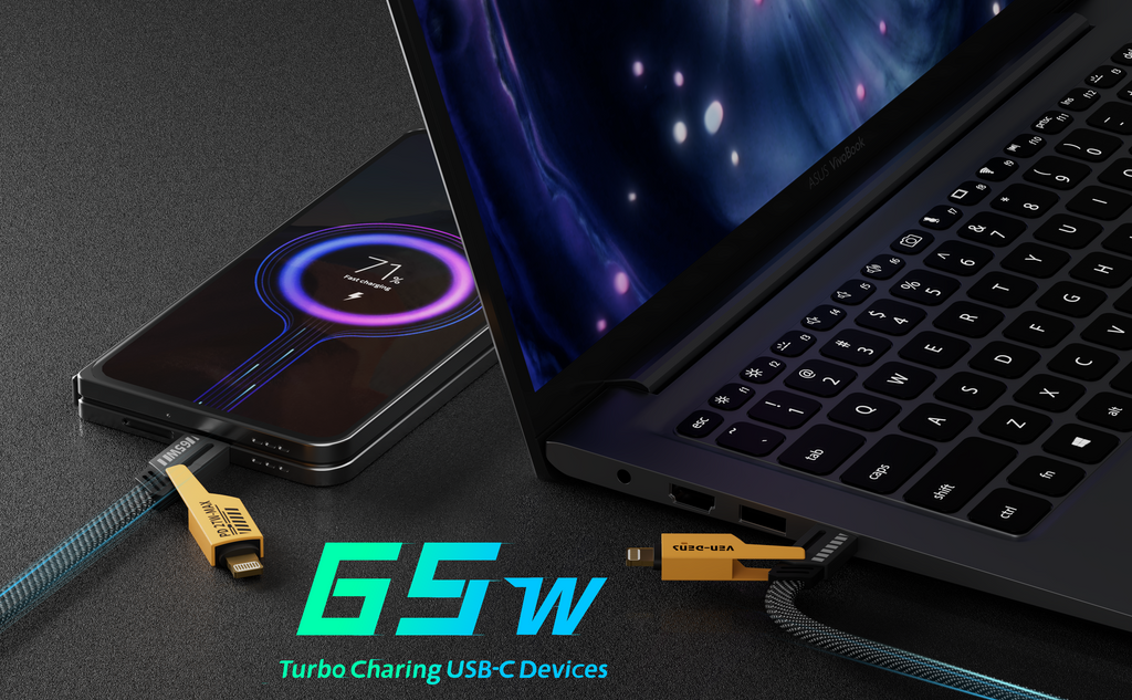 Cable 4 en 1 de carga rápida 65W | Nylon trenzado y conectores de aleación de zinc (USB-C, Lightning)(VEN-DENS DCA05)