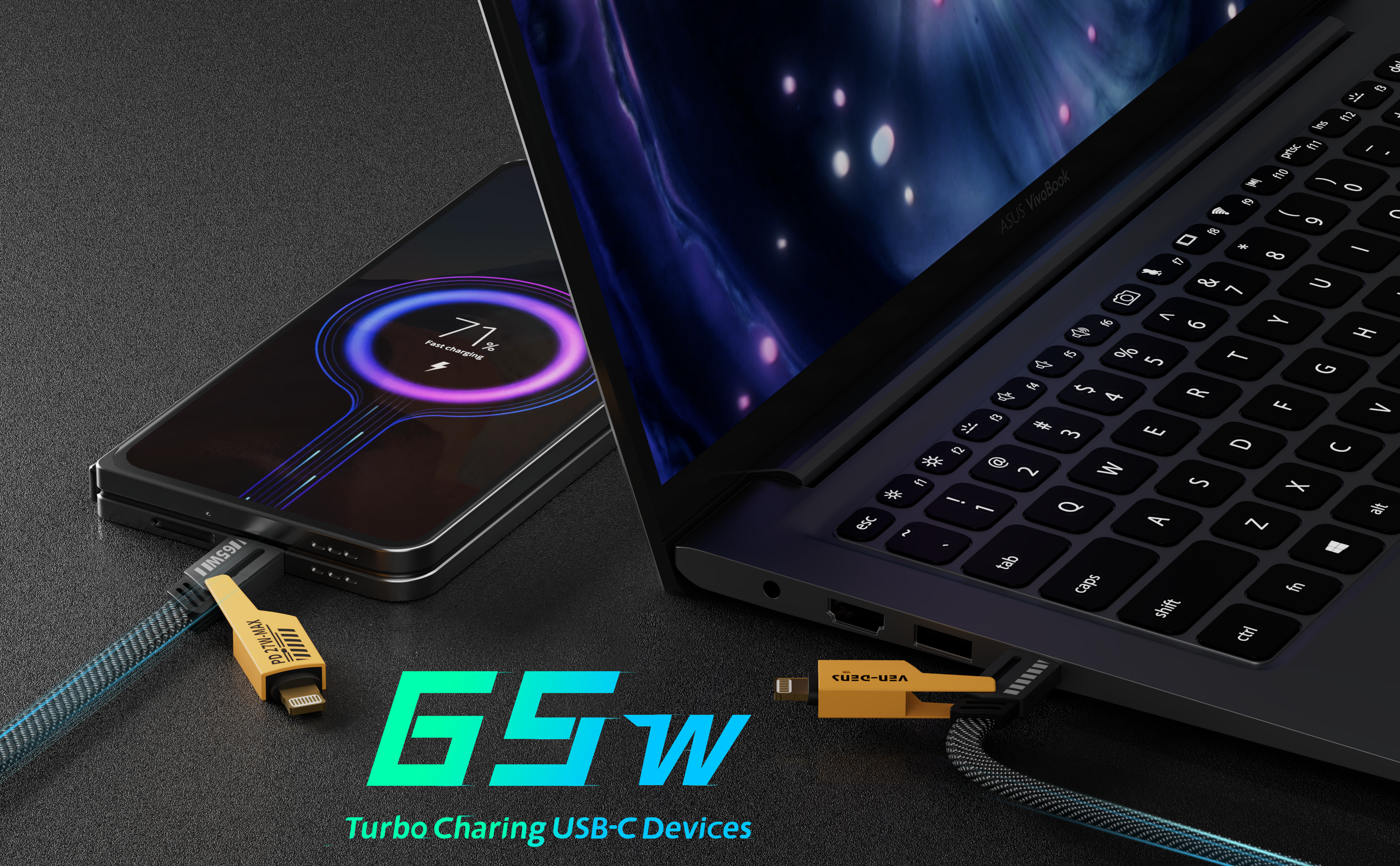 Cable 4 en 1 de carga rápida 65W | Nylon trenzado y conectores de aleación de zinc (USB-C, Lightning)(VEN-DENS DCA05)