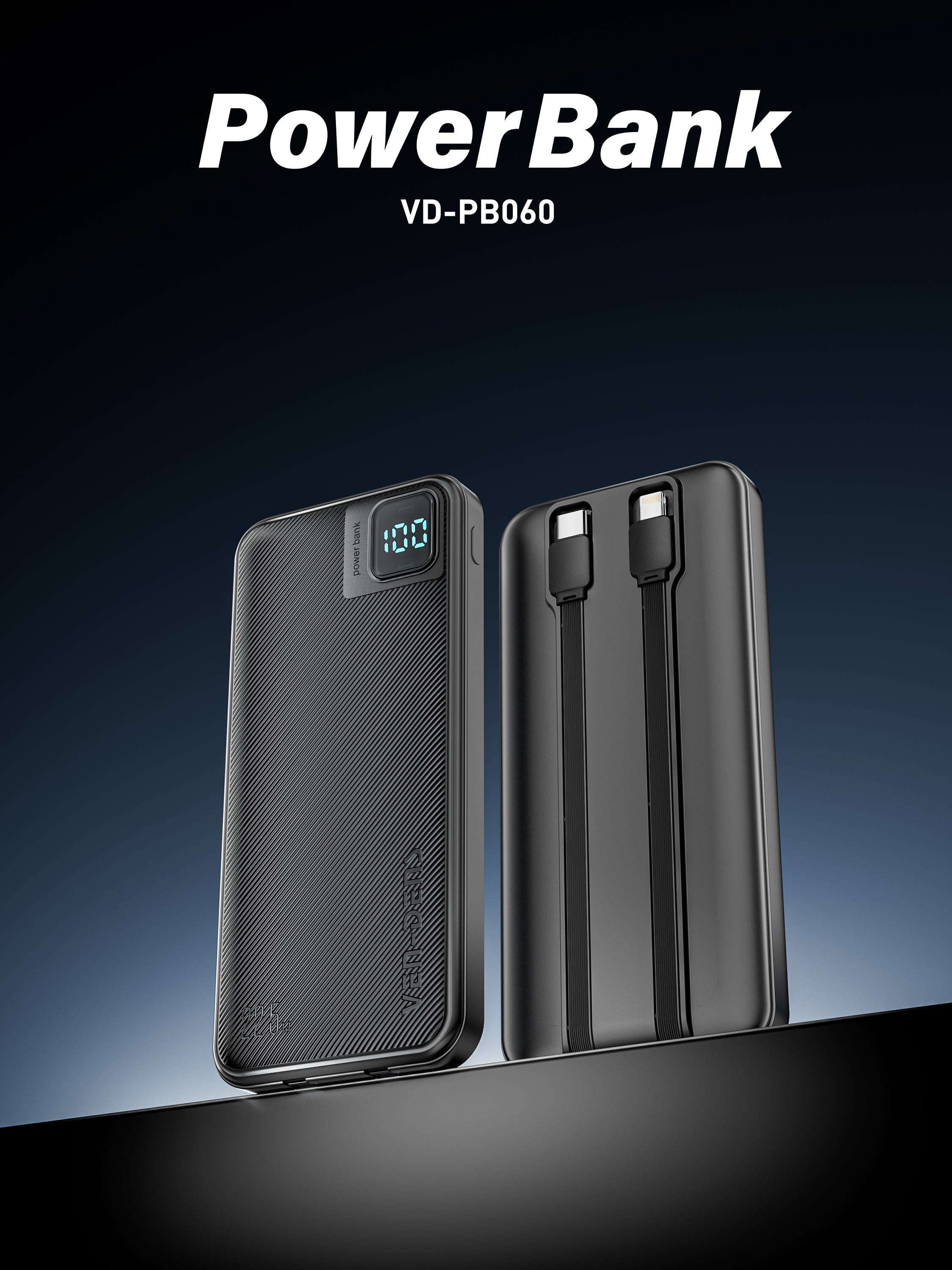 Power Bank 10000mAh 22.5W carga rápida con 4 cables integrados | Batería externa con pantalla LED (Blanco/Negro)（VEN-DENS PB060)