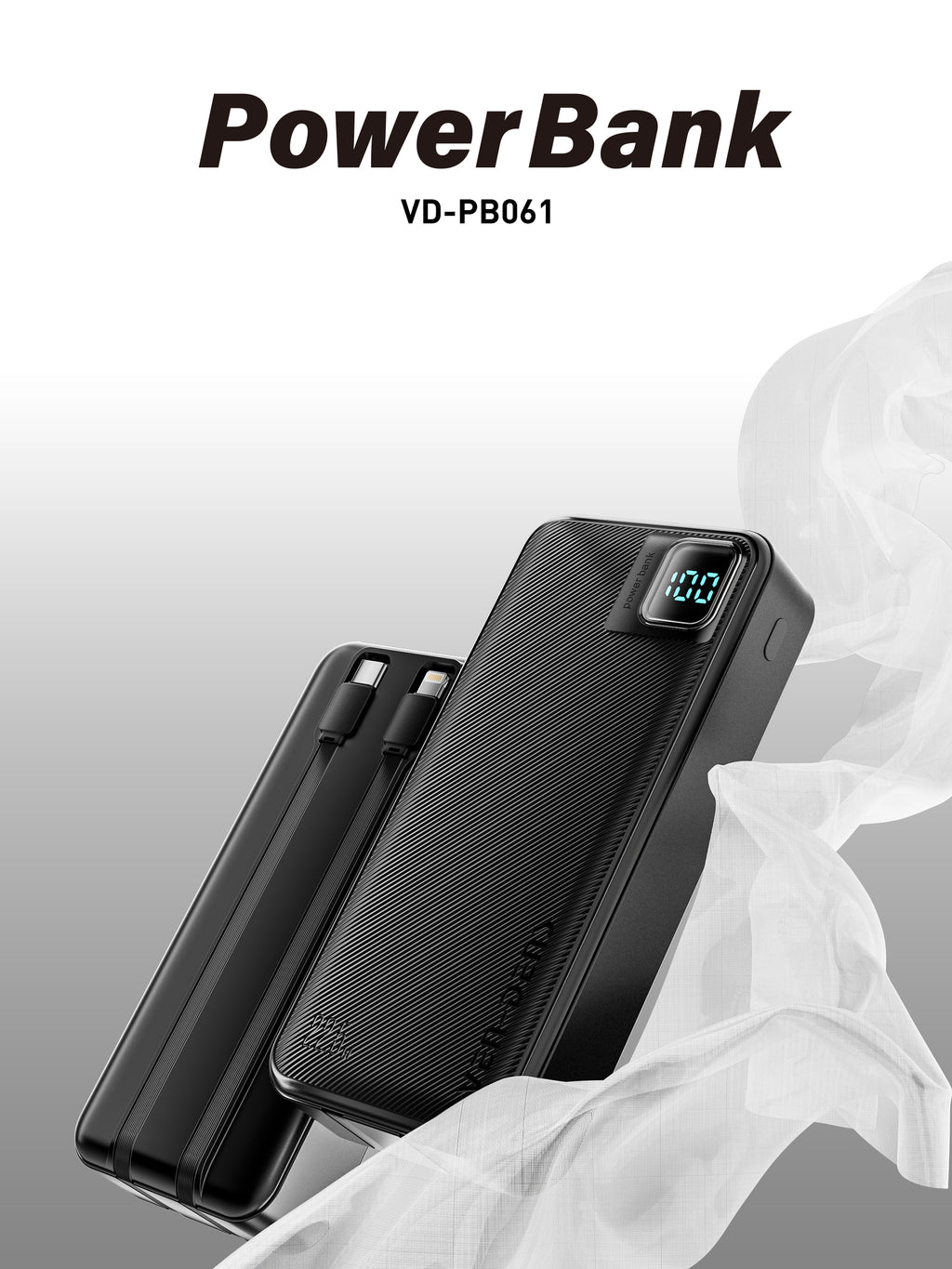 Power Bank 20000mAh 22.5W carga rápida con 4 cables integrados | Batería externa portátil con pantalla LED (Blanco/Negro)（VEN-DENS PB061)