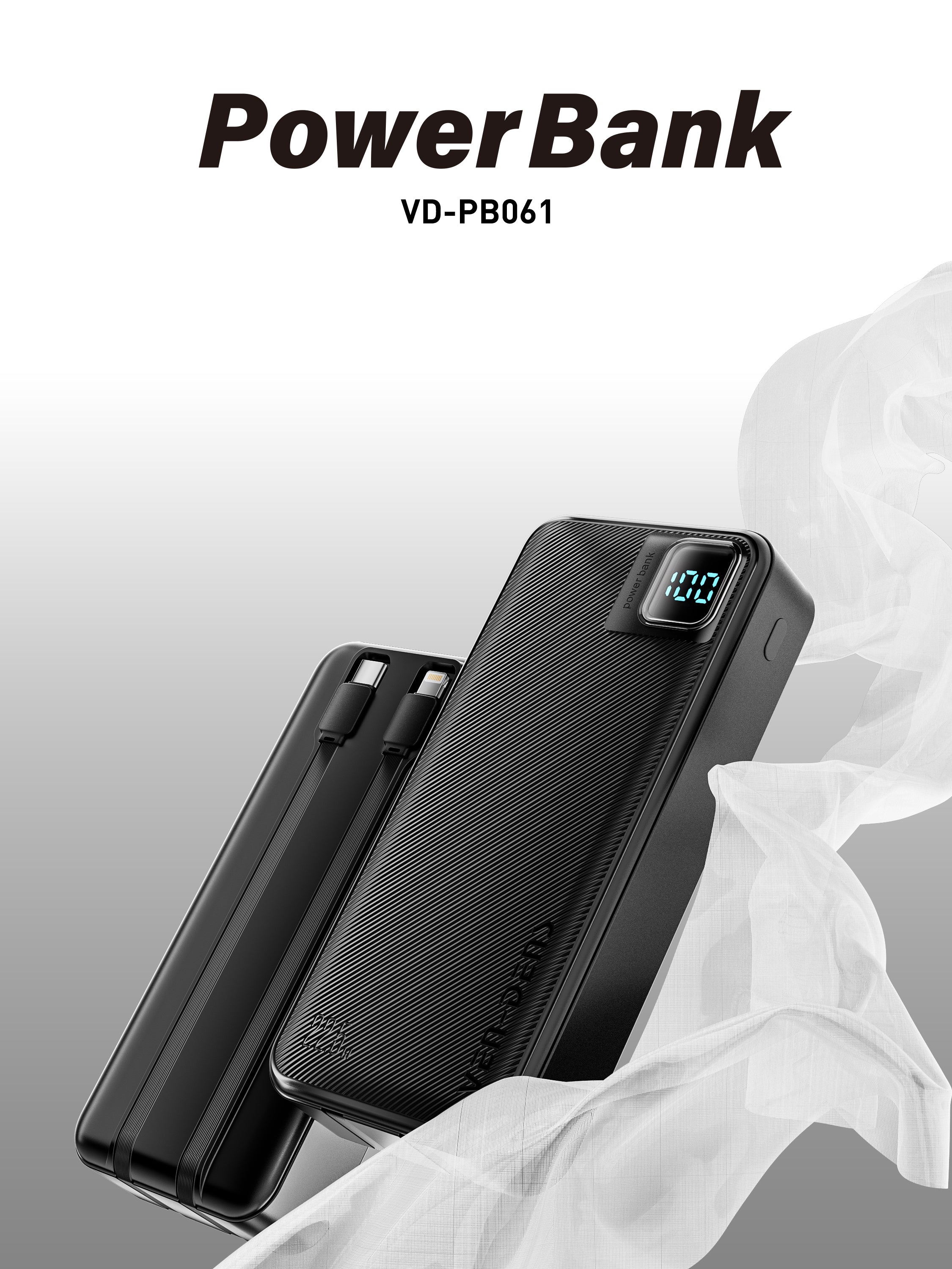 Power Bank 20000mAh 22.5W carga rápida con 4 cables integrados | Batería externa portátil con pantalla LED (Blanco/Negro)（VEN-DENS PB061)
