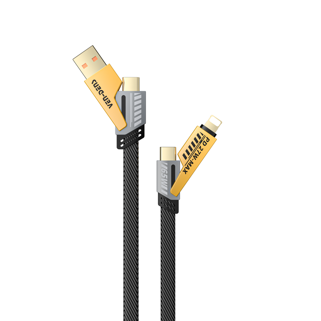 Cable 4 en 1 de carga rápida 65W | Nylon trenzado y conectores de aleación de zinc (USB-C, Lightning)(VEN-DENS DCA05)
