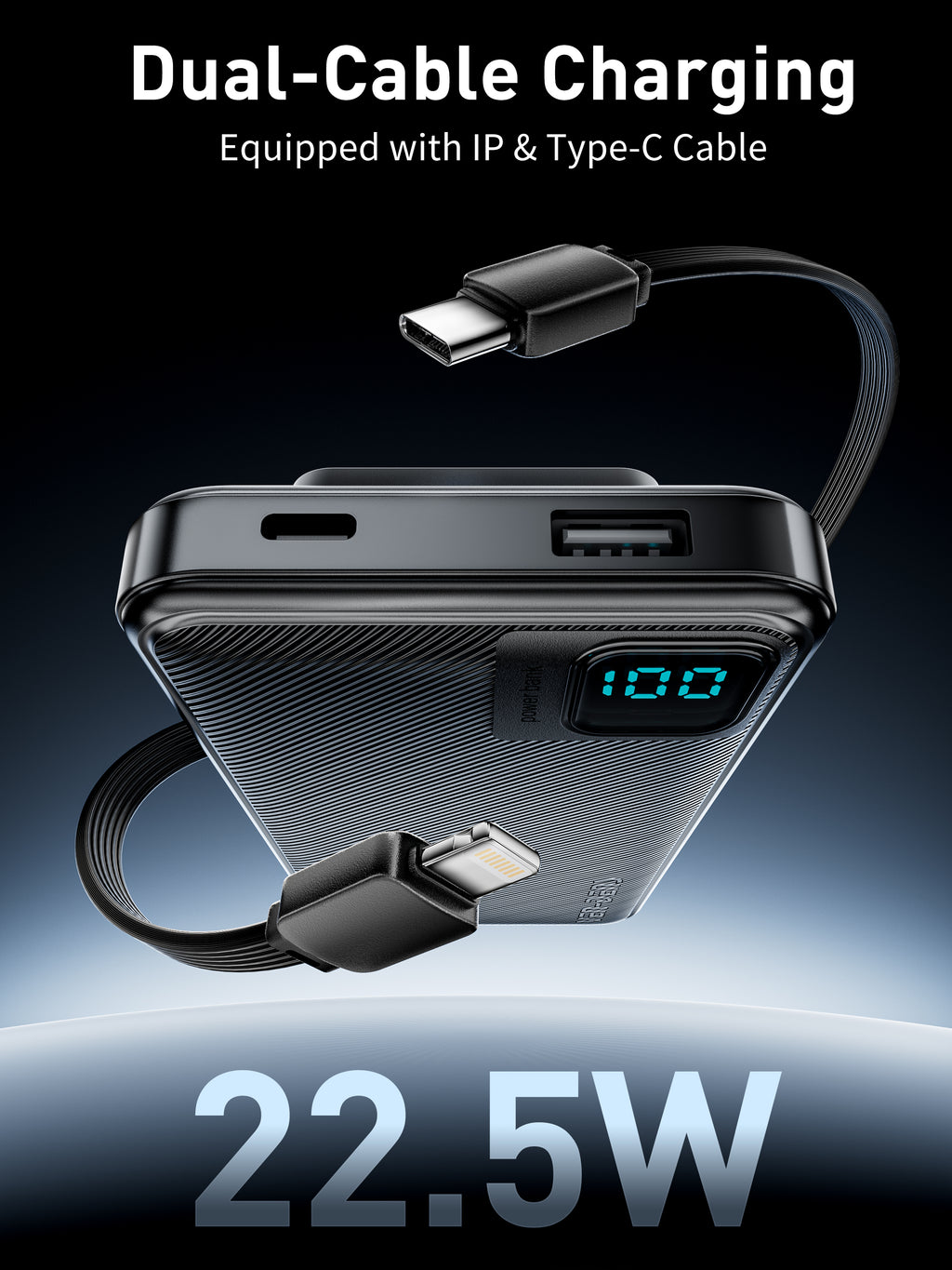 Power Bank 10000mAh 22.5W carga rápida con 4 cables integrados | Batería externa con pantalla LED (Blanco/Negro)（VEN-DENS PB060)