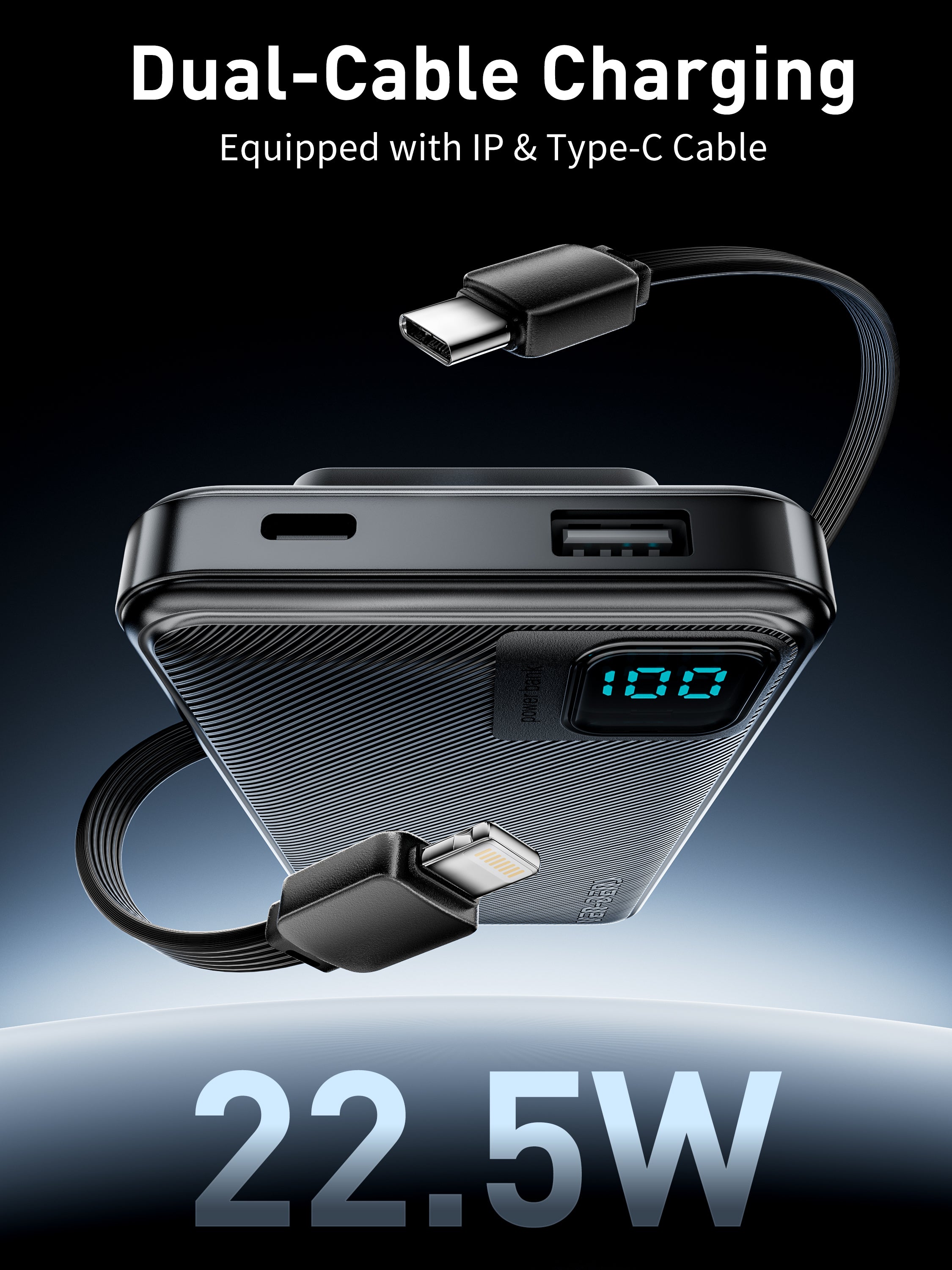 Power Bank 10000mAh 22.5W carga rápida con 4 cables integrados | Batería externa con pantalla LED (Blanco/Negro)（VEN-DENS PB060)
