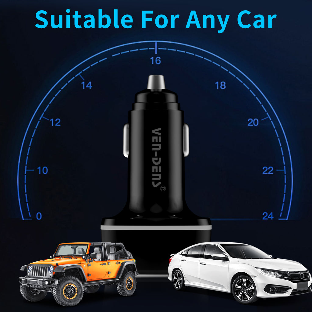 Cargador coche USB-C + USB 40W | Doble Type-C PD20W + USB QC18W con luz LED（VEN-DENS CC008)