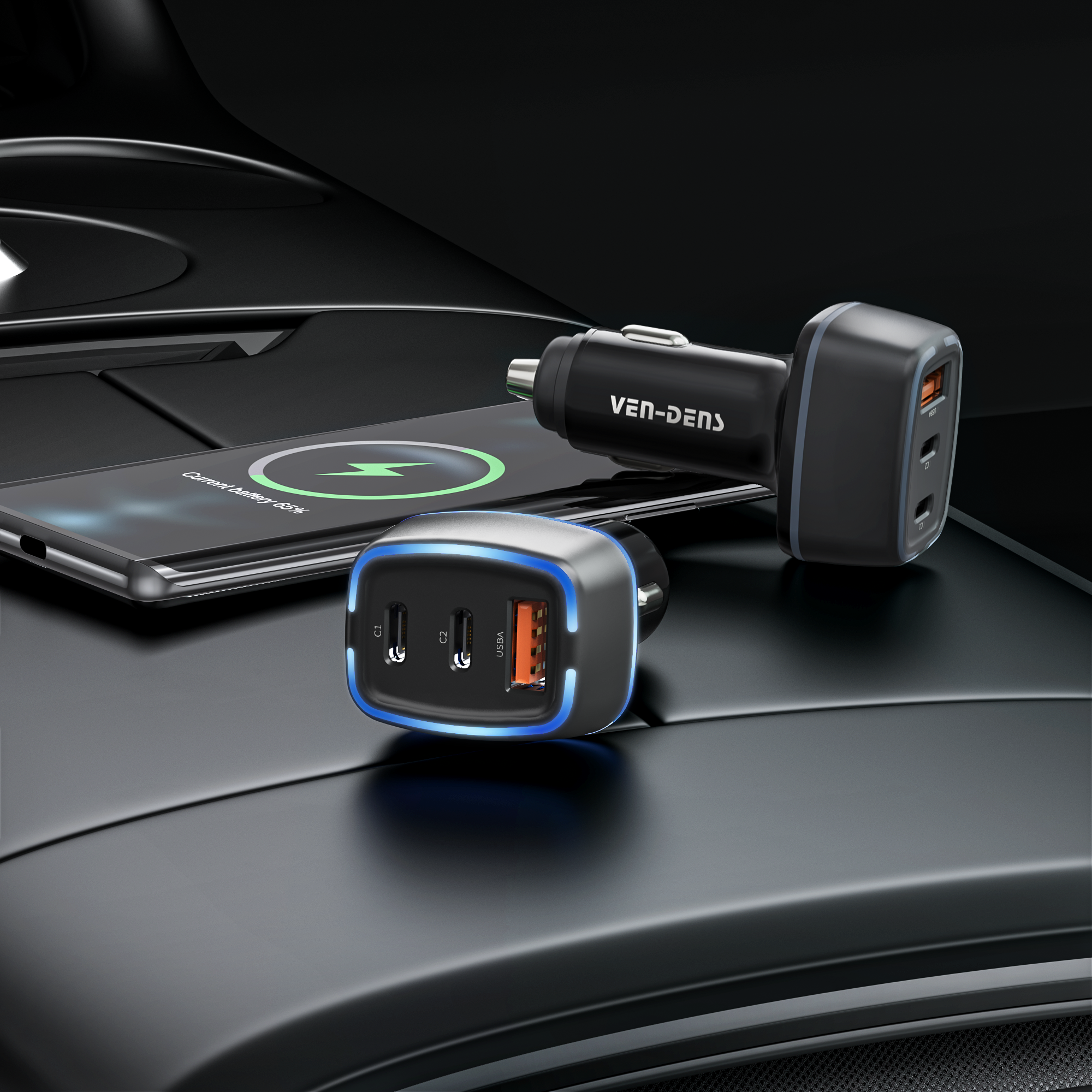 Cargador coche USB-C + USB 40W | Doble Type-C PD20W + USB QC18W con luz LED（VEN-DENS CC008)