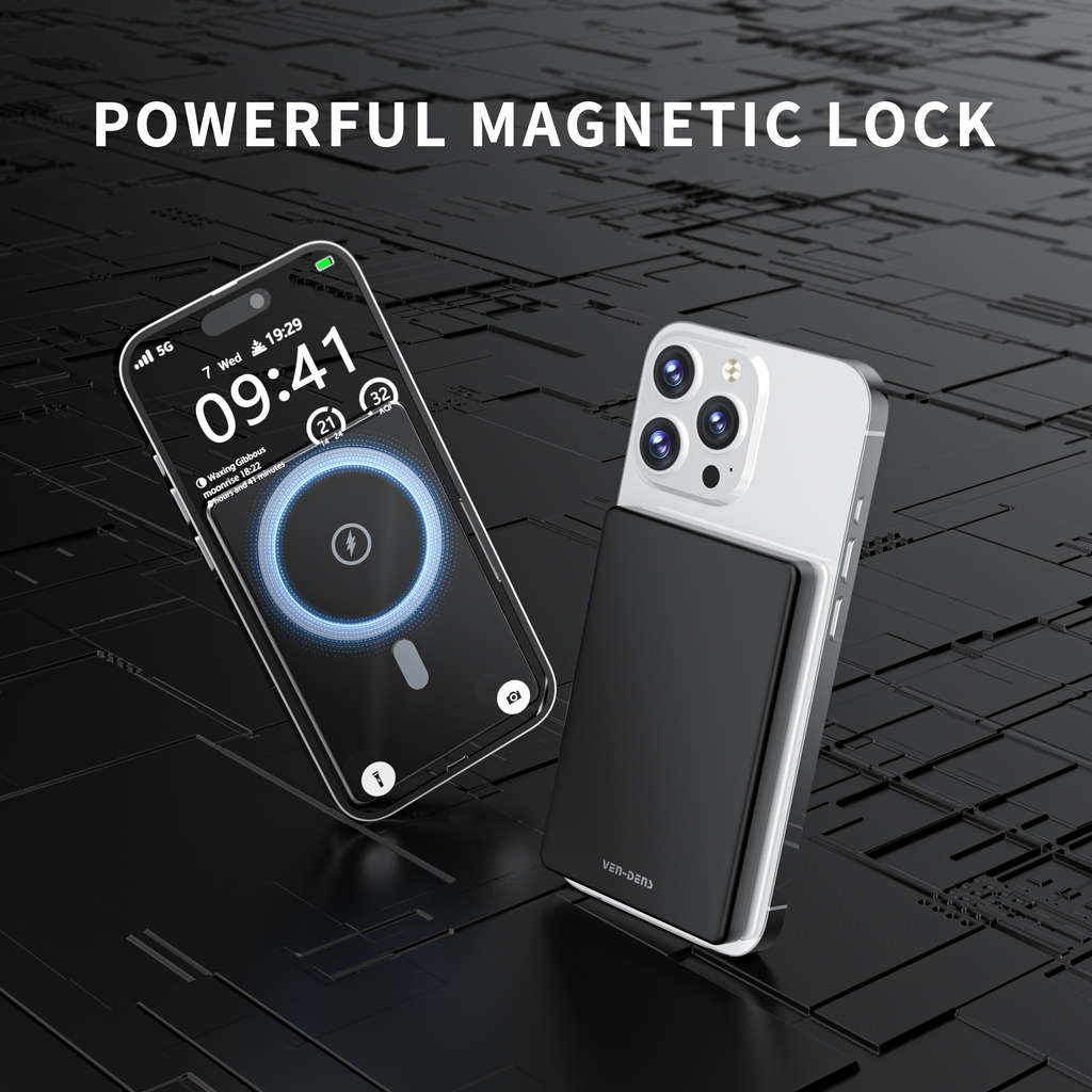 Power Bank Magnético 5000mAh con carga inalámbrica 15W | Batería portátil con fijación magnética y luz LED（VEN-DENS PB023)