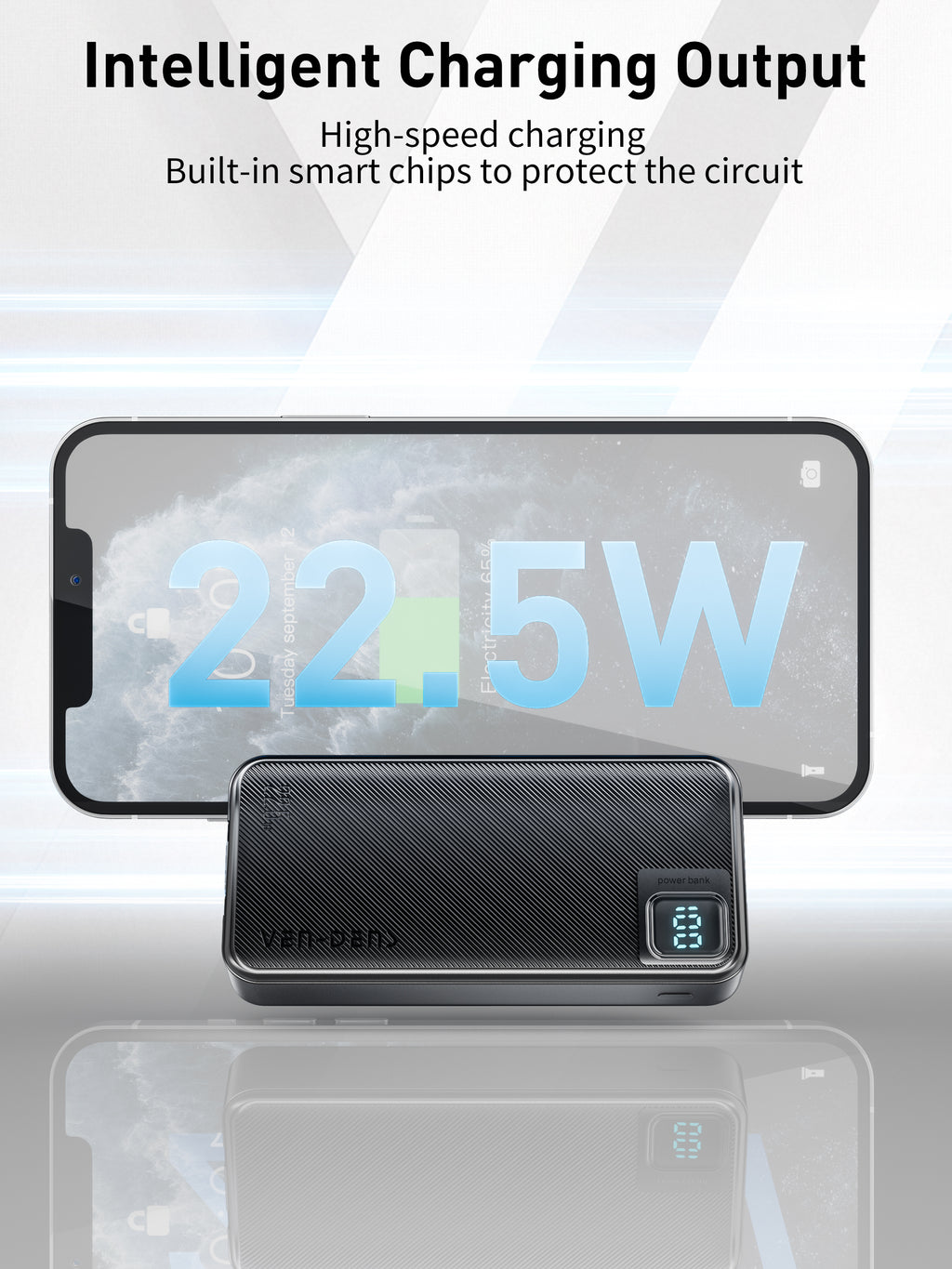 Power Bank 20000mAh 22.5W carga rápida con 4 cables integrados | Batería externa portátil con pantalla LED (Blanco/Negro)（VEN-DENS PB061)