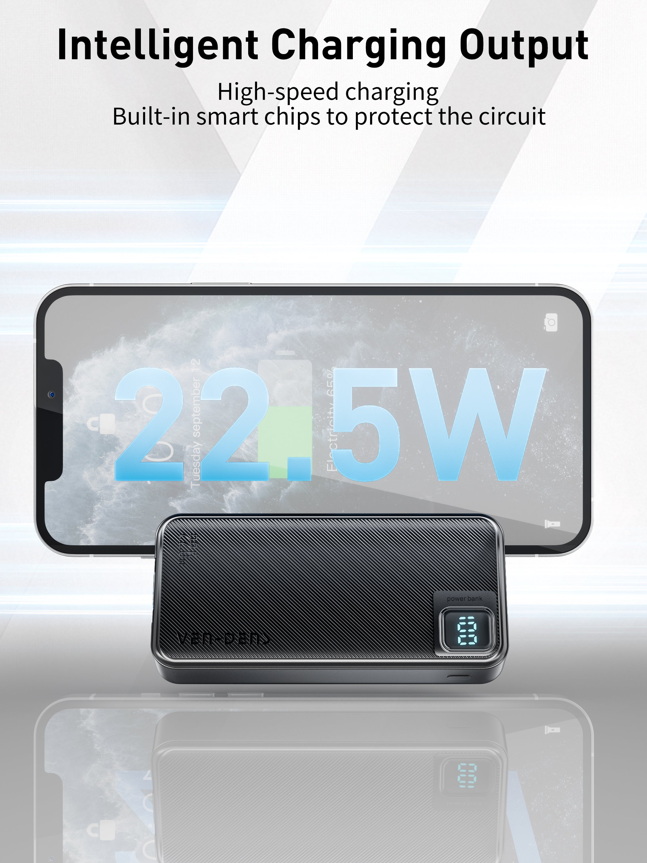 Power Bank 20000mAh 22.5W carga rápida con 4 cables integrados | Batería externa portátil con pantalla LED (Blanco/Negro)（VEN-DENS PB061)