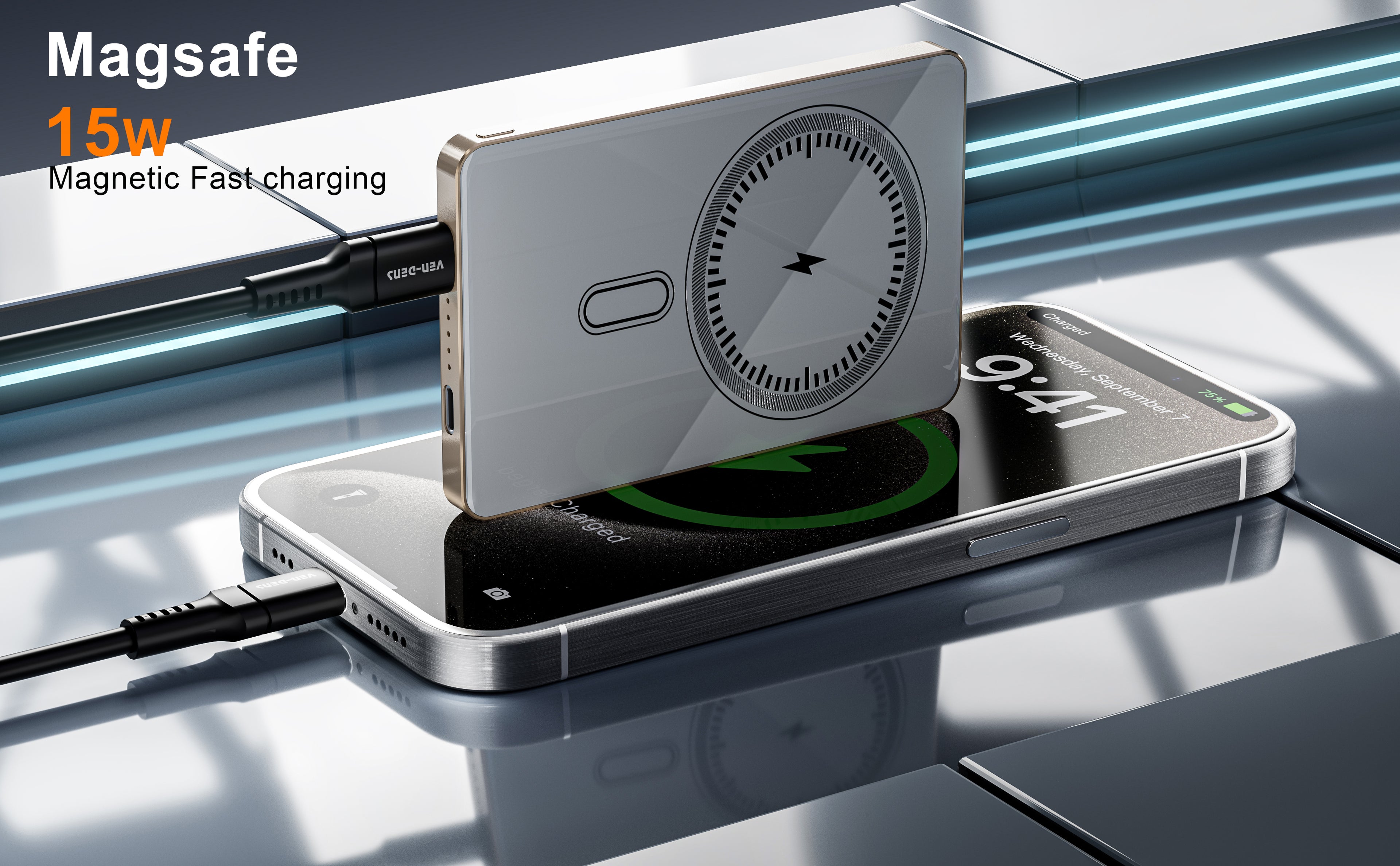 Power Bank Magnético Premium 5000mAh 15W | Carga inalámbrica, pantalla digital, diseño metal + vidrio ultrafino（VEN-DENS PB056)