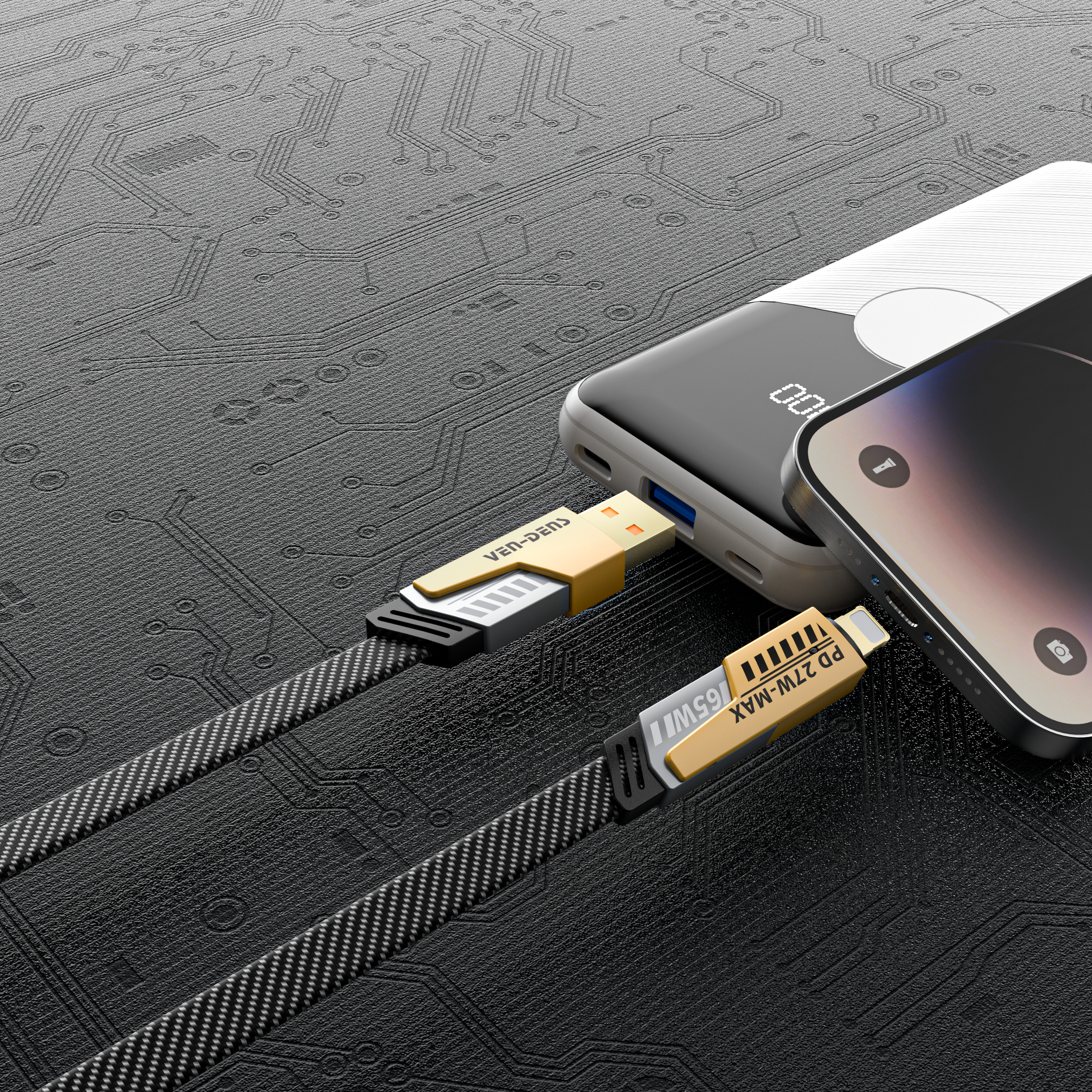 Cable 4 en 1 de carga rápida 65W | Nylon trenzado y conectores de aleación de zinc (USB-C, Lightning)(VEN-DENS DCA05)