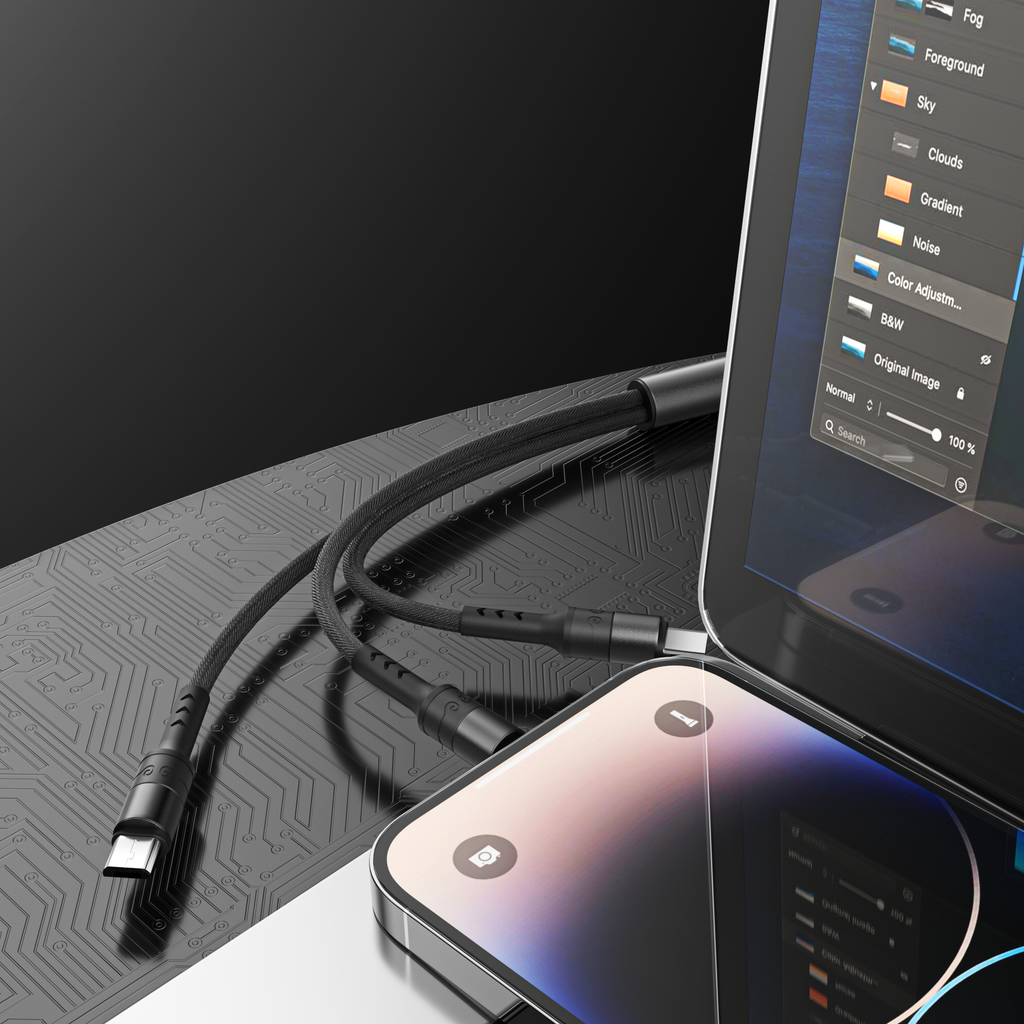 Cable 3 en 1 USB de carga rápida | Nylon trenzado y conectores metálicos (USB-C, Lightning, Micro USB)(VEN-DENS DCA01)