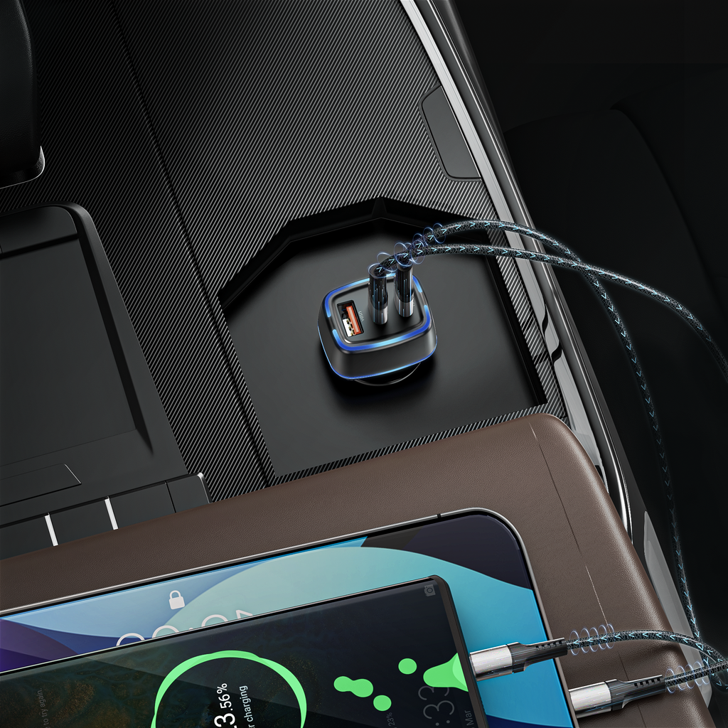 Cargador coche USB-C + USB 40W | Doble Type-C PD20W + USB QC18W con luz LED（VEN-DENS CC008)