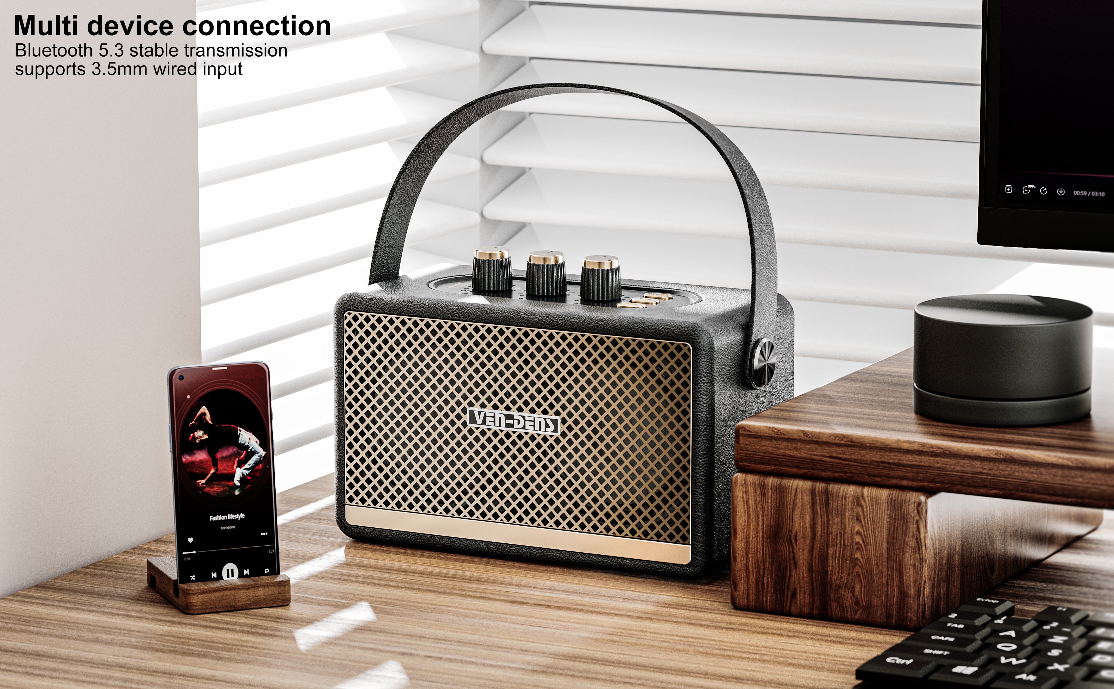 Altavoz portátil estilo retro con Bluetooth 5.3 y sonido potente 10W(VEN-DENS SPK011)