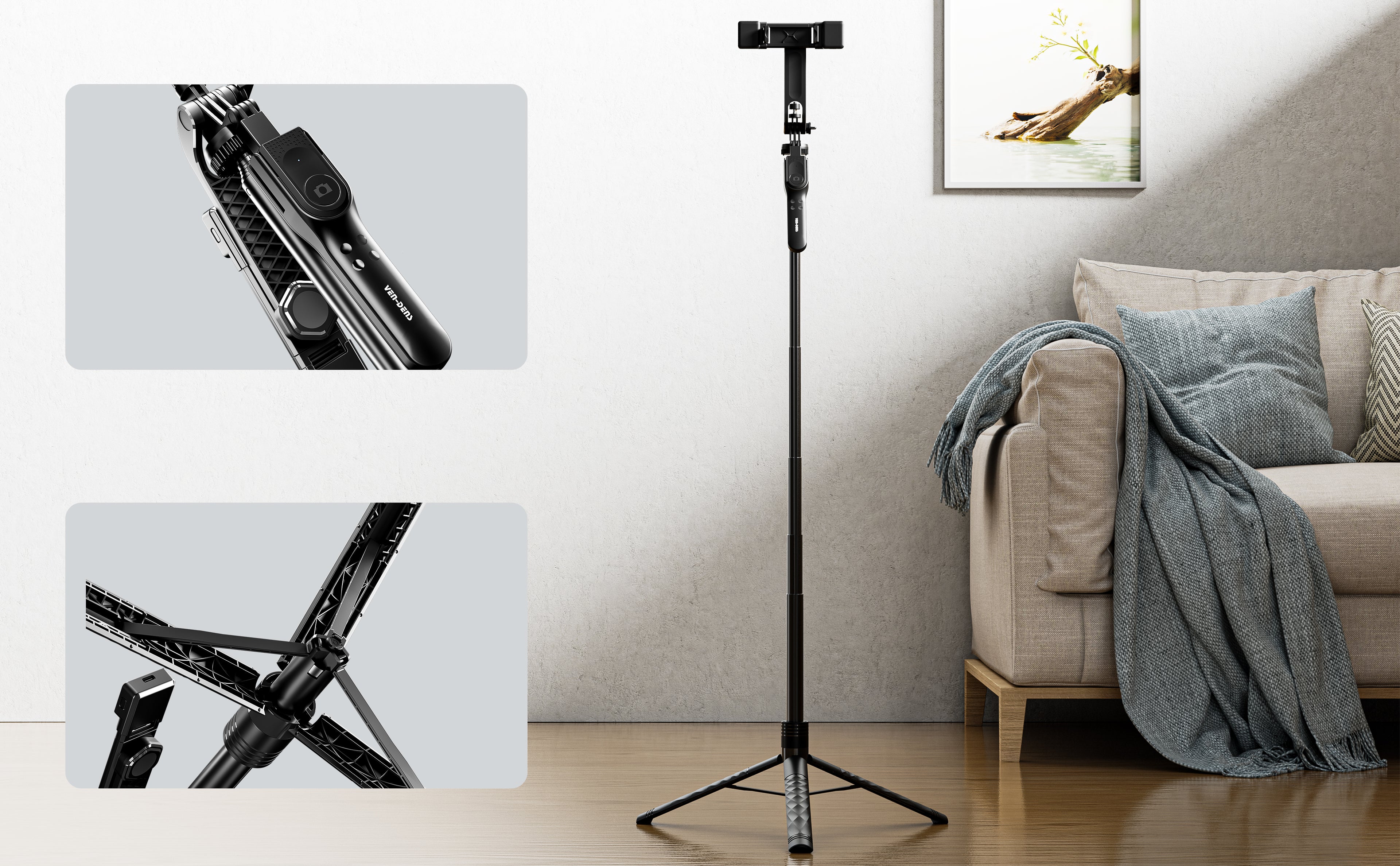 Palo selfie trípode 1750mm | extensible, Bluetooth, aluminio profesional（VEN-DENS SS09)