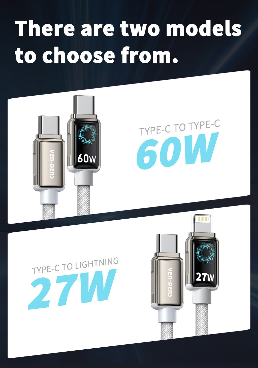Cable de Carga Rápida 60W con Pantalla LED – USB-C a Type C  (VEN-DENS DC11CC)