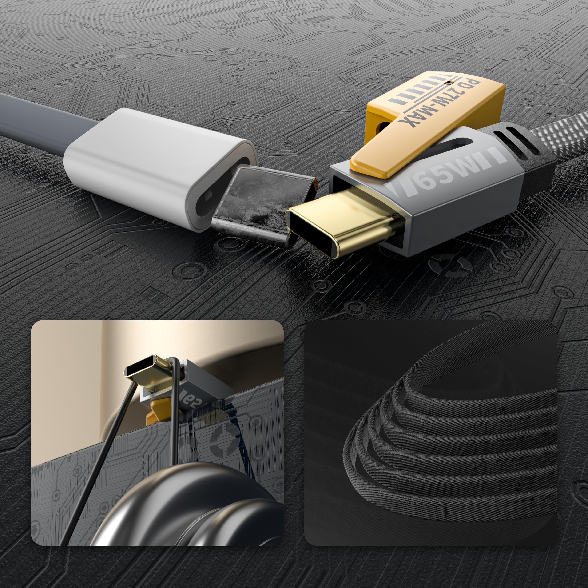 Cable 4 en 1 de carga rápida 65W | Nylon trenzado y conectores de aleación de zinc (USB-C, Lightning)(VEN-DENS DCA05)
