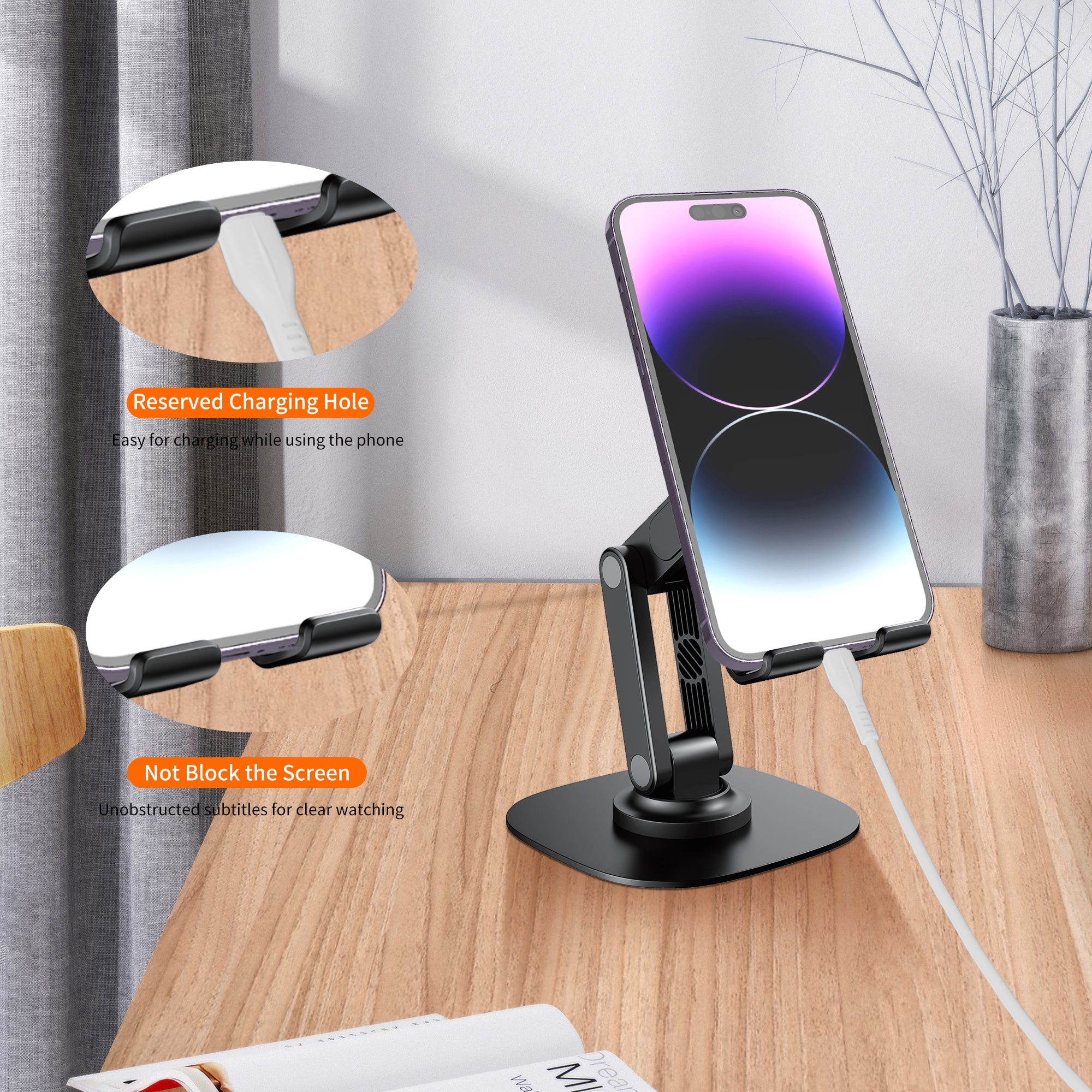 Soporte móvil de escritorio ajustable | Base metálica, rotación 360°, soporte estable para smartphone（VEN-DENS HD027)