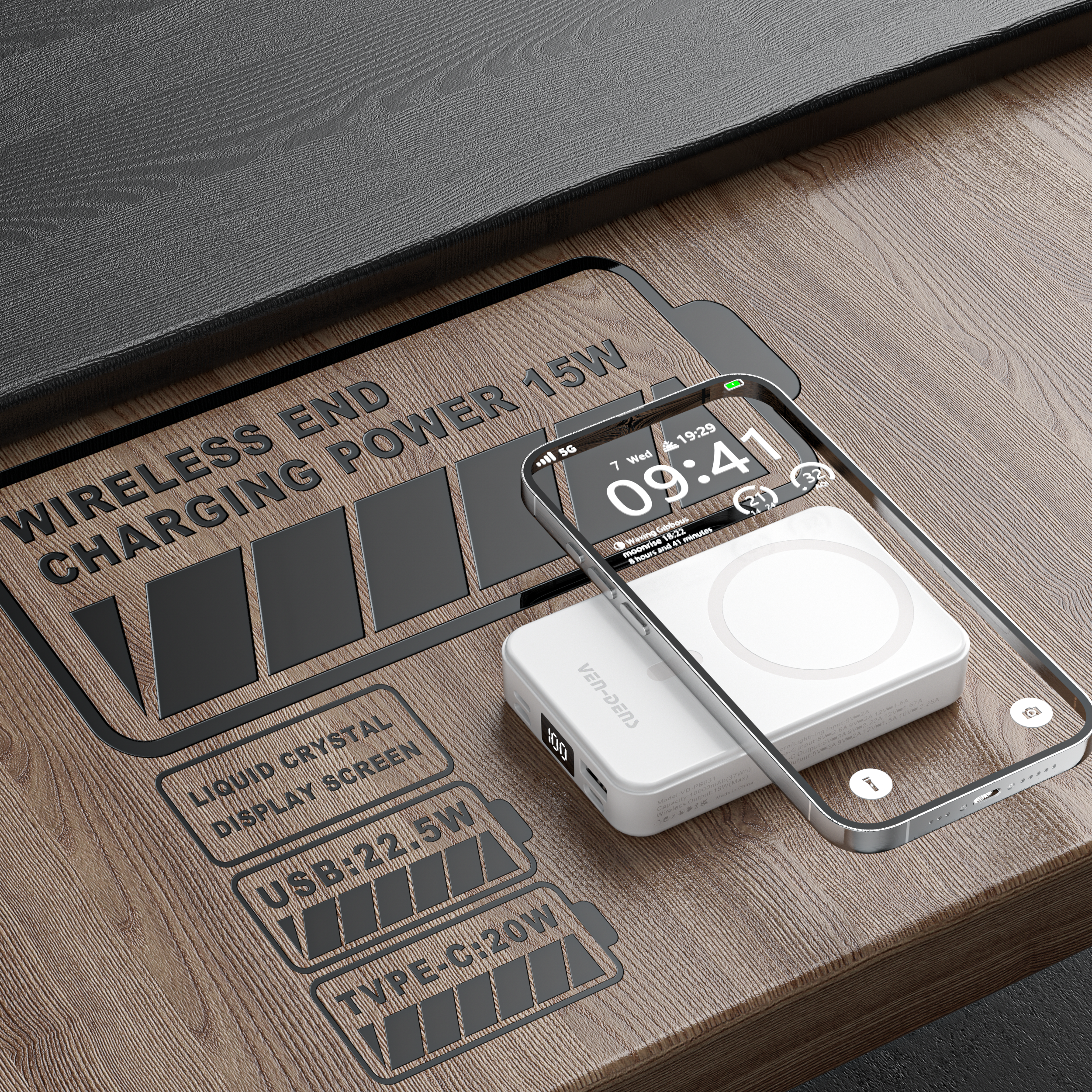 Power Bank Magnético 10000mAh 22.5W + 15W Inalámbrico | Pantalla digital, USB-C, soporte integrado（VEN-DENS PB031)