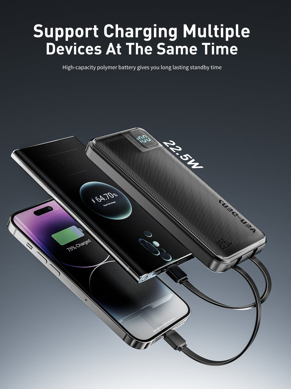 Power Bank 10000mAh 22.5W carga rápida con 4 cables integrados | Batería externa con pantalla LED (Blanco/Negro)（VEN-DENS PB060)