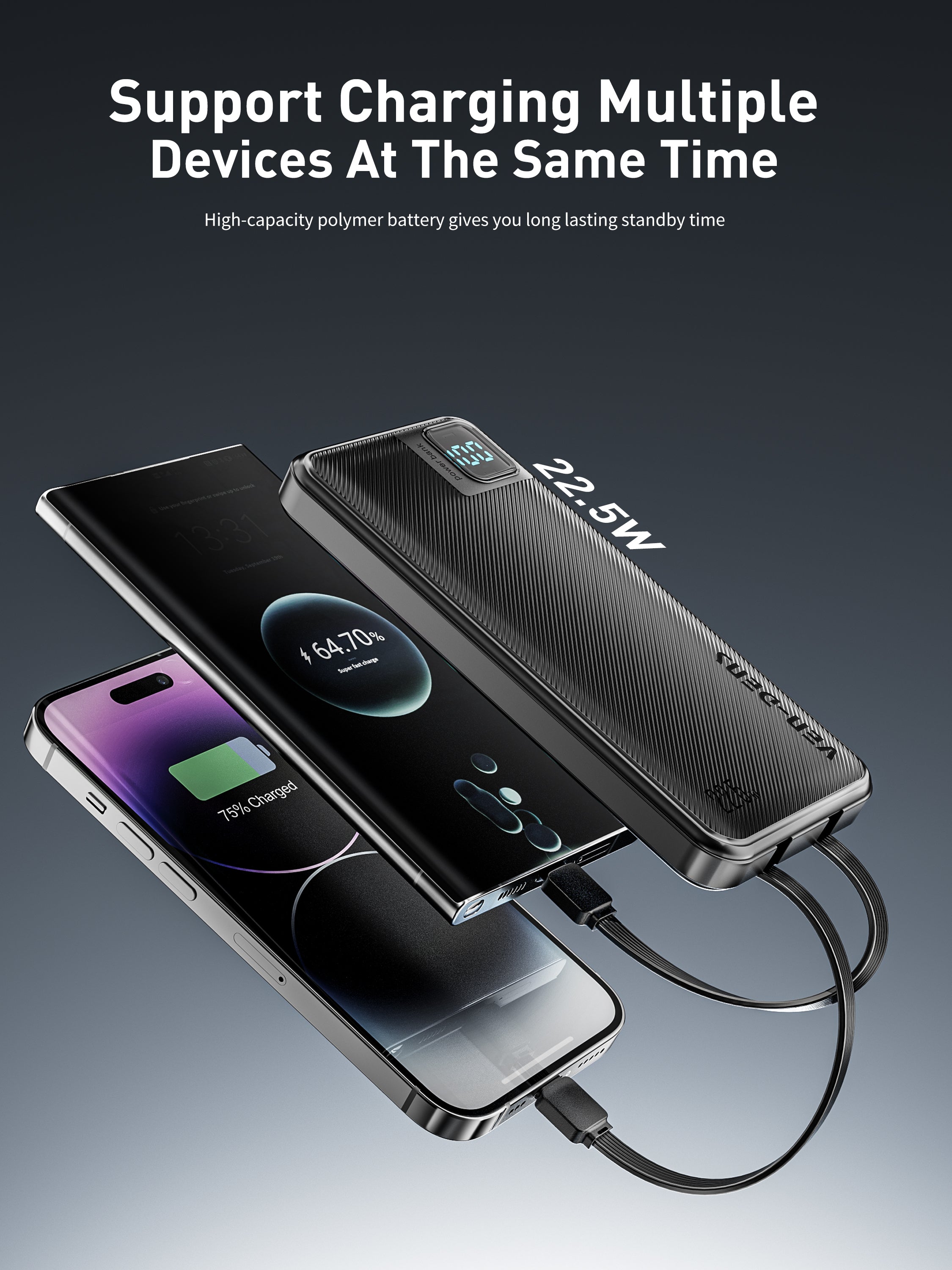 Power Bank 10000mAh 22.5W carga rápida con 4 cables integrados | Batería externa con pantalla LED (Blanco/Negro)（VEN-DENS PB060)