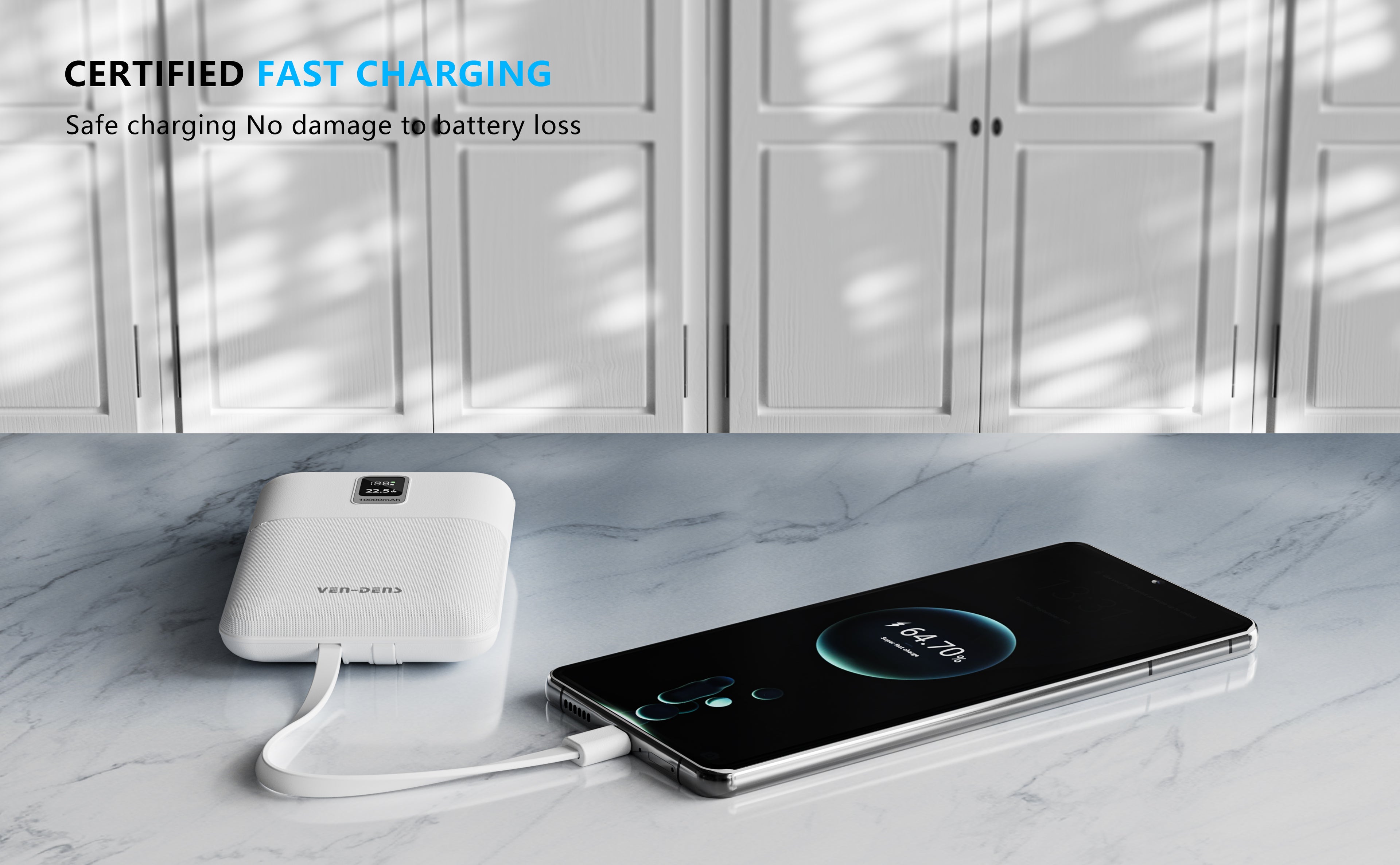 Power Bank 10000mAh 22.5W Carga Rápida con Cables Integrados | Pantalla LED, Compacto (Negro/Blanco/Verde/Morado)（VEN-DENS PB057)