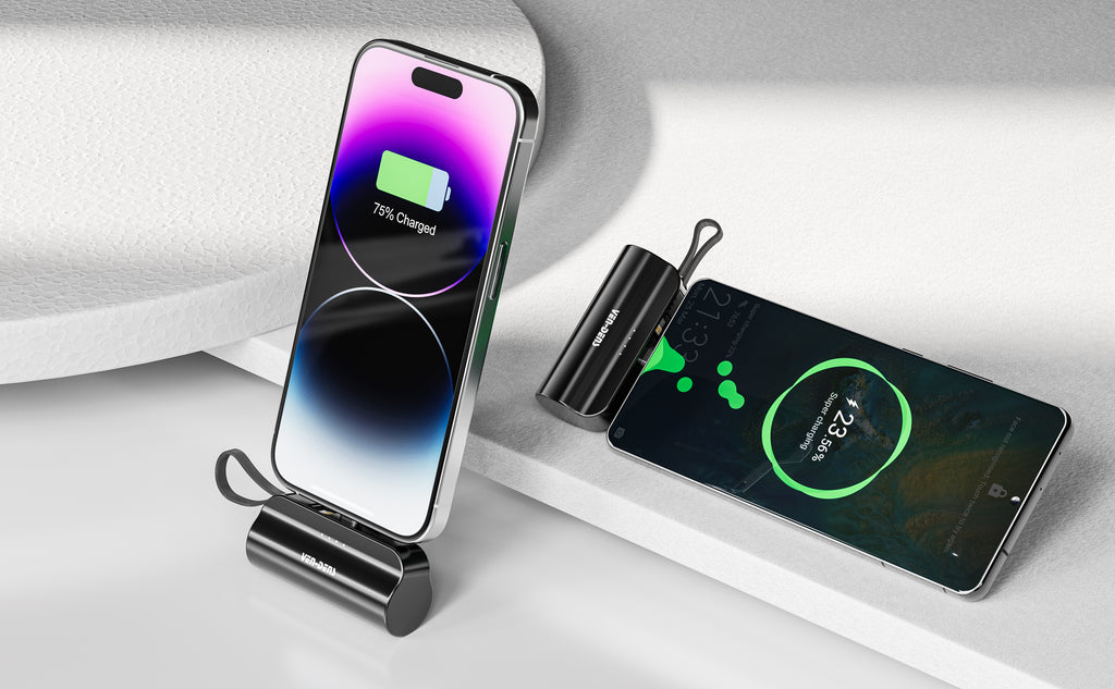 Mini Power Bank 5000mAh con Lightning + USB-C | Batería portátil compacta 10W (Negro/Blanco/Verde)（VEN-DENS PB053)