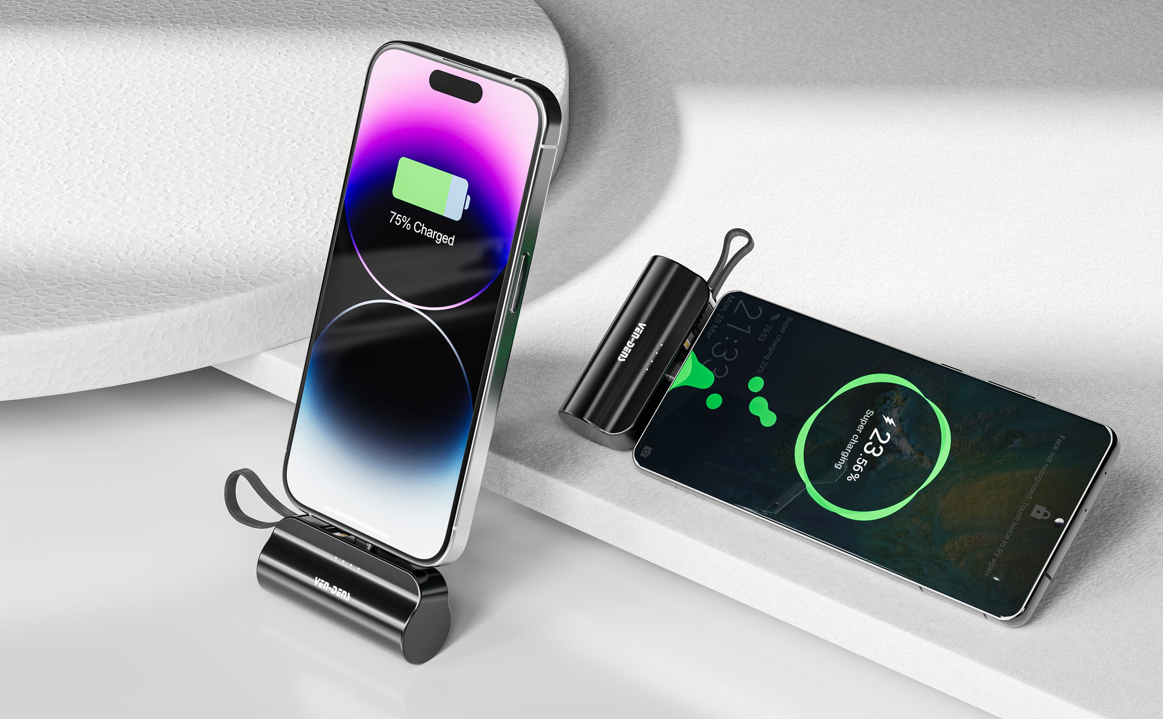 Mini Power Bank 5000mAh con Lightning + USB-C | Batería portátil compacta 10W (Negro/Blanco/Verde)（VEN-DENS PB053)