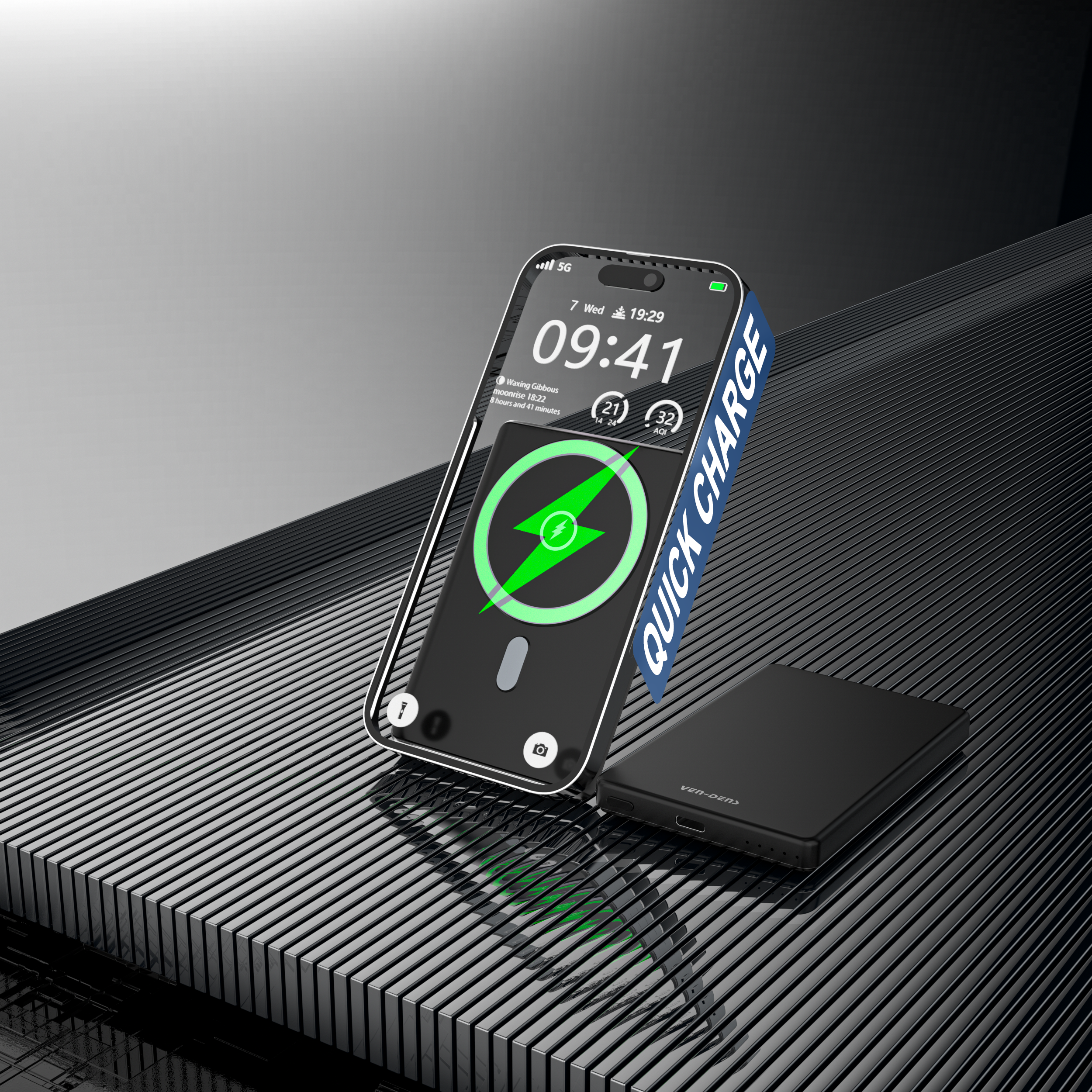 Power Bank Magnético 5000mAh con carga inalámbrica 15W | Batería portátil con fijación magnética y luz LED（VEN-DENS PB023)