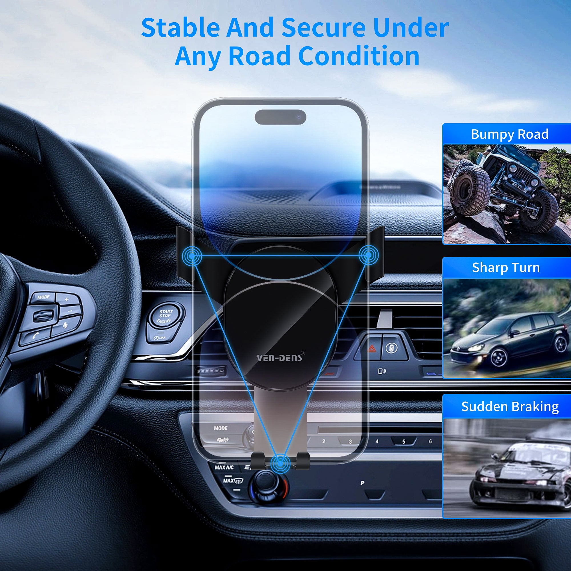 Soporte móvil coche rejilla ventilación | Sujeción firme con pinza, rotación 360°, soporte universal（VEN-DENS HD020)