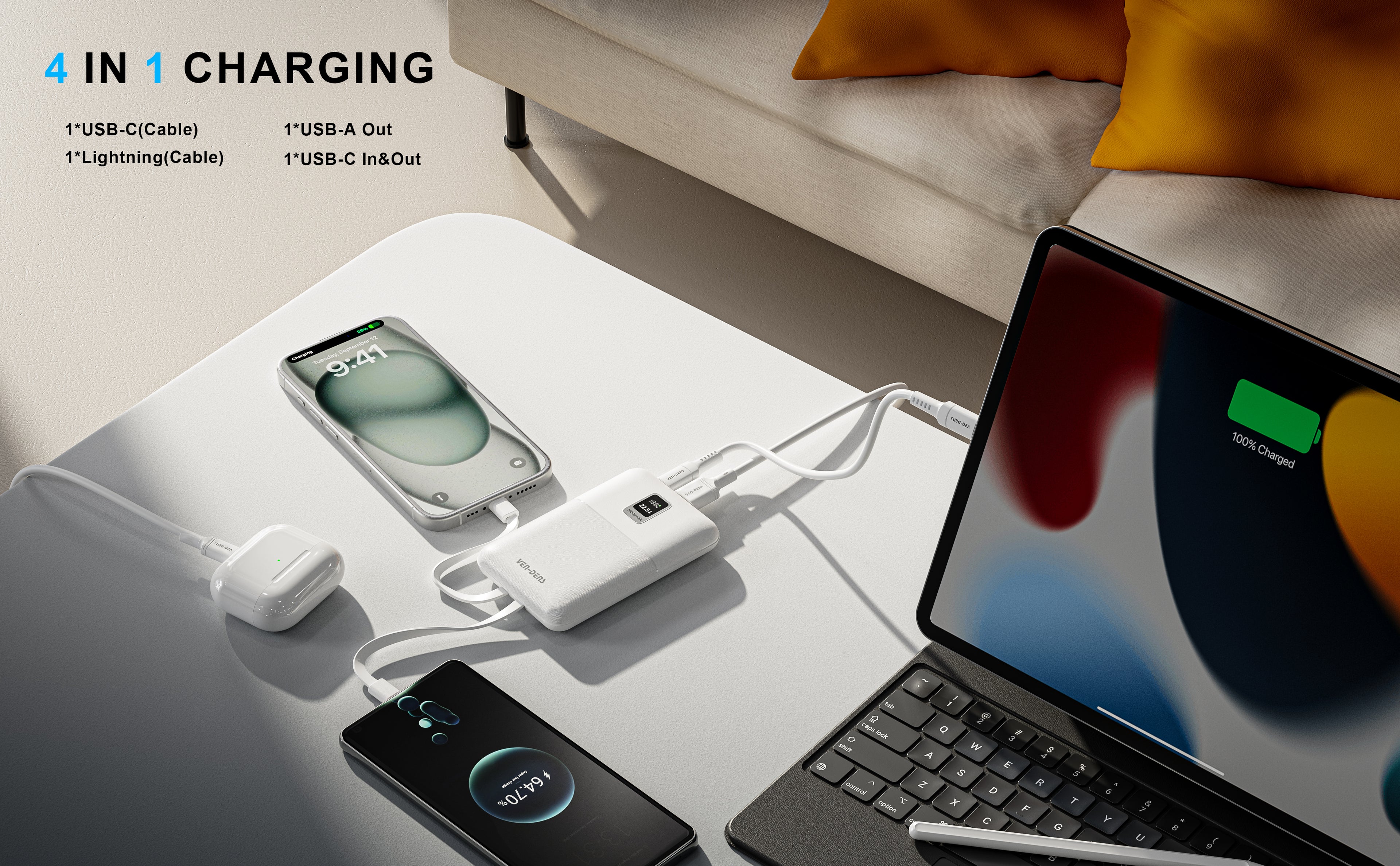 Power Bank 10000mAh 22.5W Carga Rápida con Cables Integrados | Pantalla LED, Compacto (Negro/Blanco/Verde/Morado)（VEN-DENS PB057)