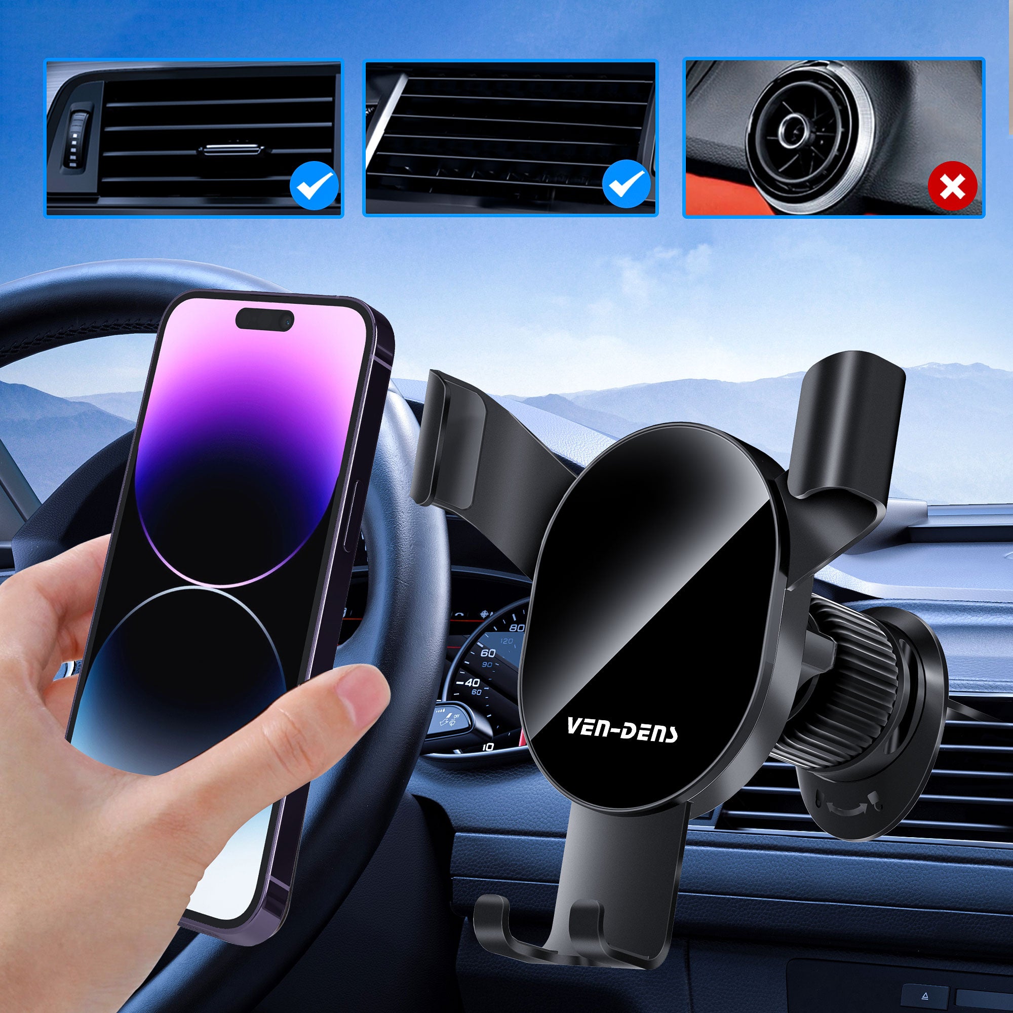 Soporte móvil coche rejilla ventilación | Sujeción firme con pinza, rotación 360°, soporte universal（VEN-DENS HD020)