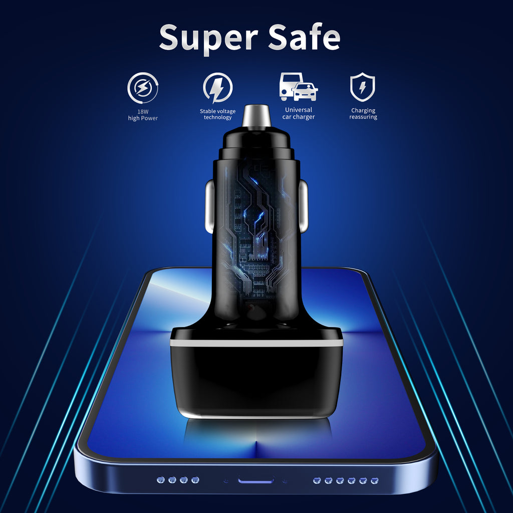 Cargador coche USB-C + USB 40W | Doble Type-C PD20W + USB QC18W con luz LED（VEN-DENS CC008)