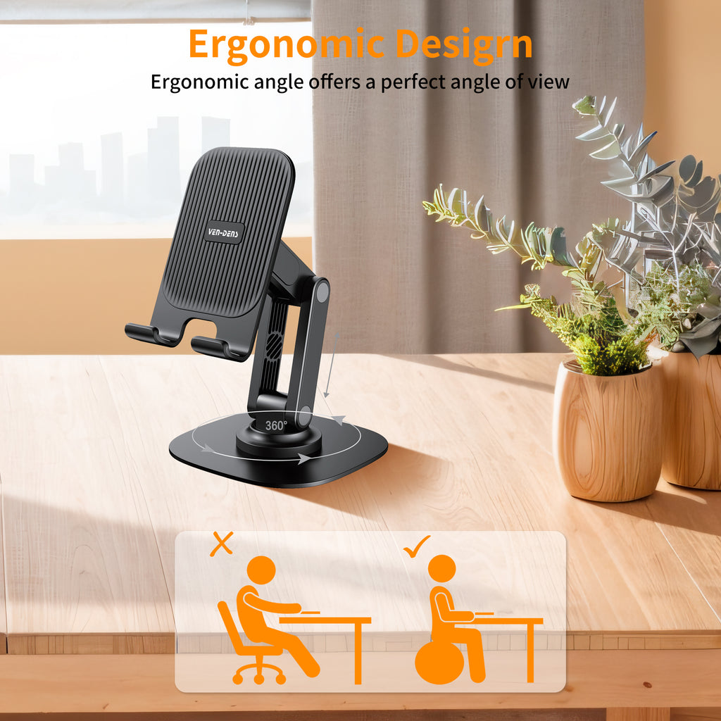 Soporte móvil de escritorio ajustable | Base metálica, rotación 360°, soporte estable para smartphone（VEN-DENS HD027)