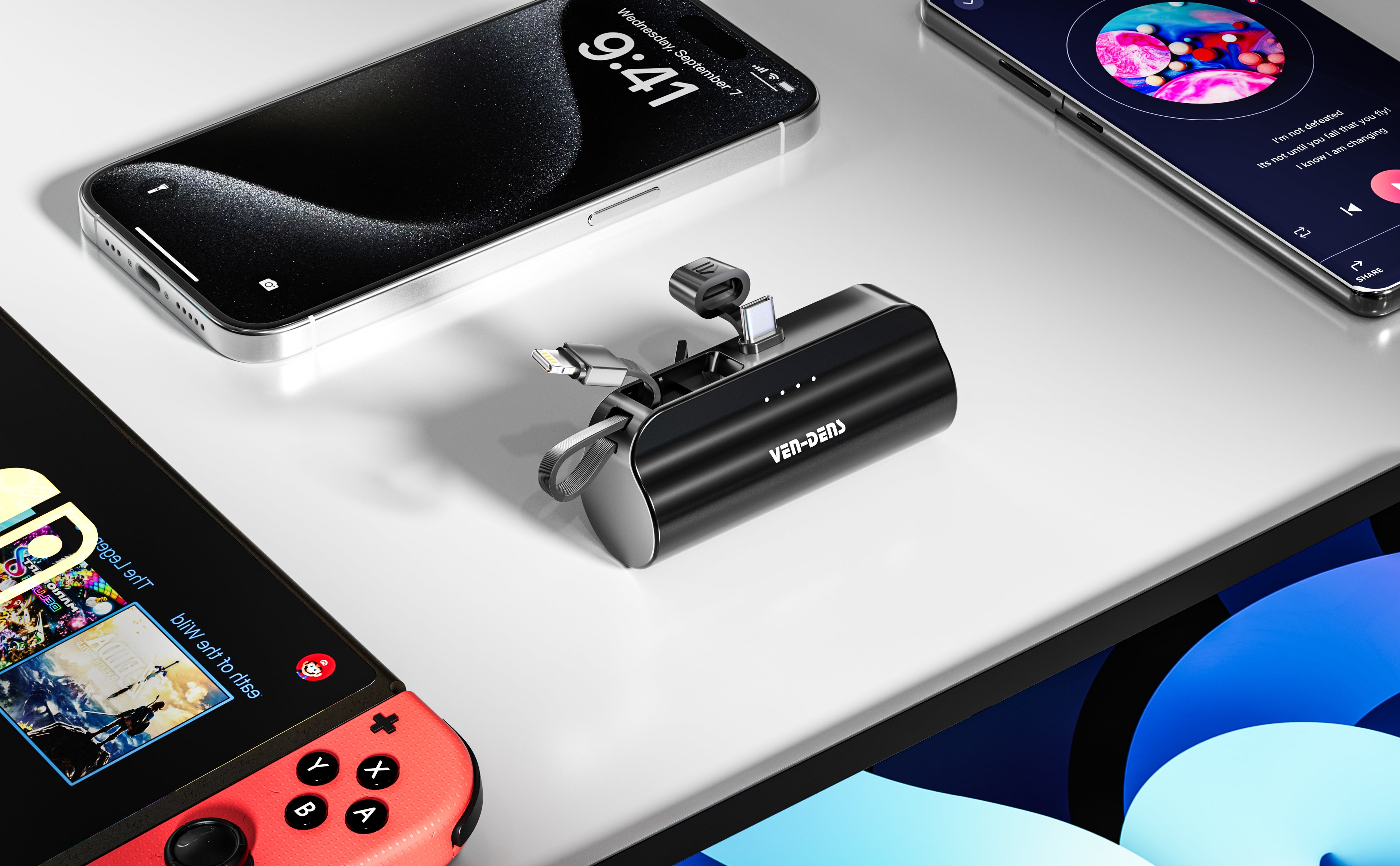 Mini Power Bank 5000mAh con Lightning + USB-C | Batería portátil compacta 10W (Negro/Blanco/Verde)（VEN-DENS PB053)