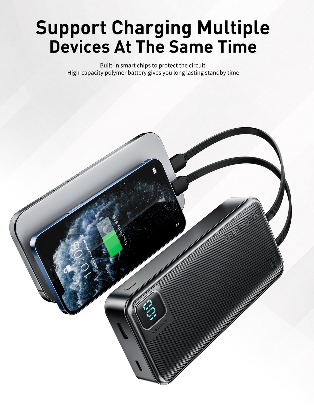 Power Bank 20000mAh 22.5W carga rápida con 4 cables integrados | Batería externa portátil con pantalla LED (Blanco/Negro)（VEN-DENS PB061)