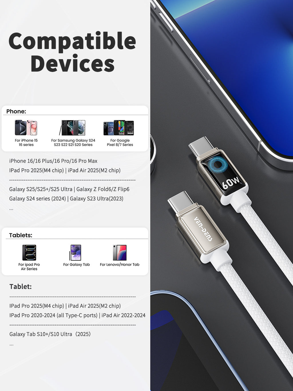 Cable de Carga Rápida 60W con Pantalla LED – USB-C a Type C  (VEN-DENS DC11CC)