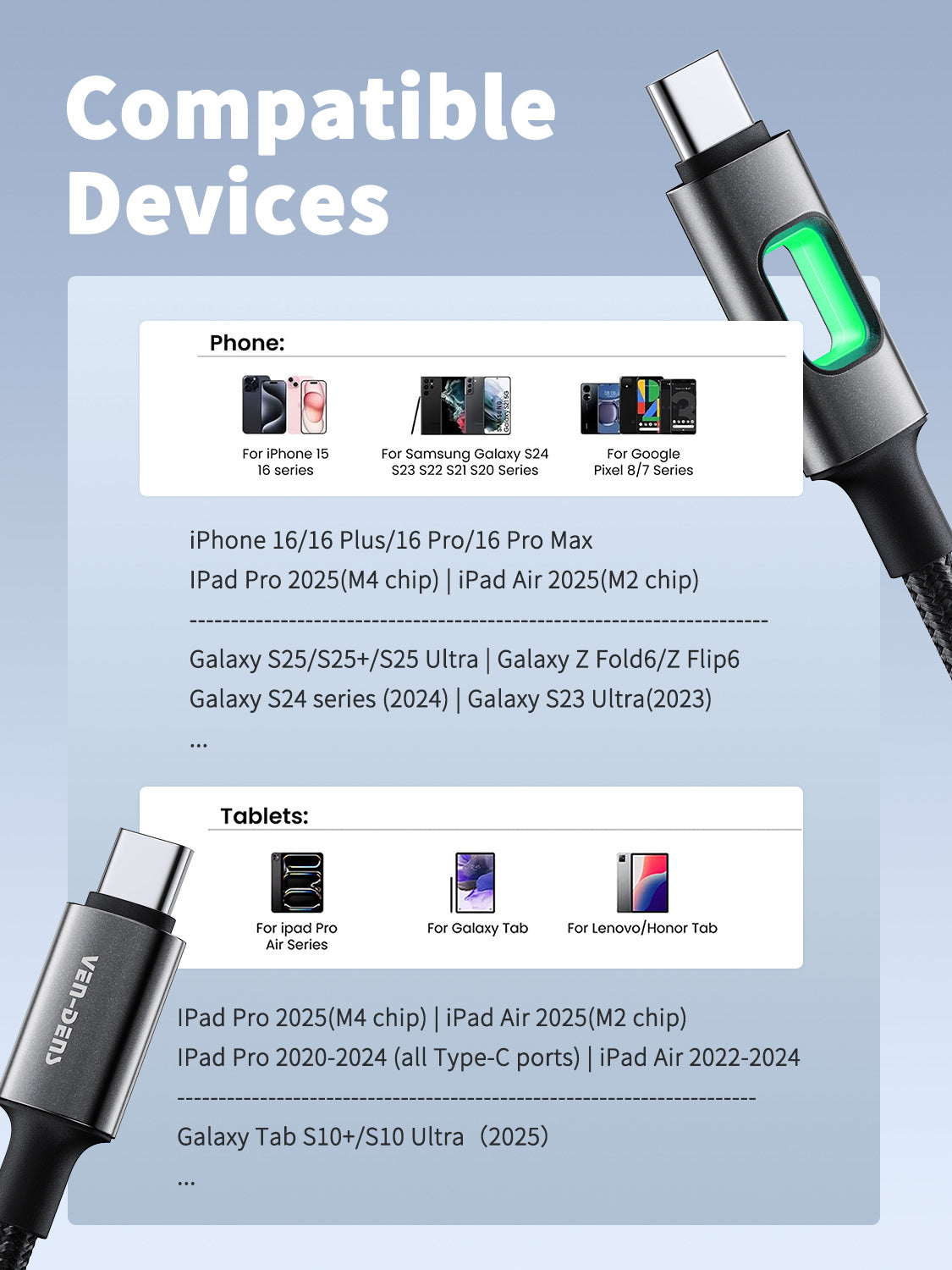 Cable USB-C a Lightning 27W con luz LED | Metal, trenzado y carga rápida(VEN-DENS DC12CL)