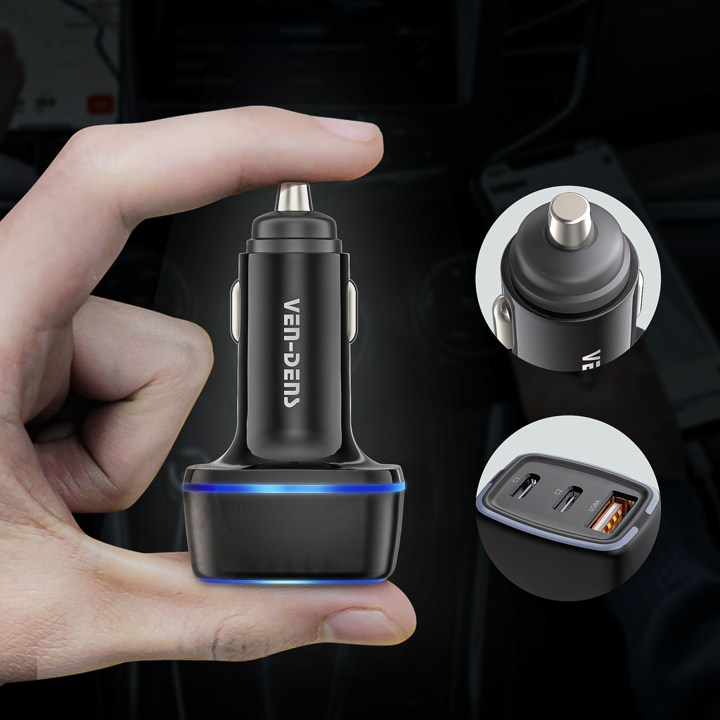 Cargador coche USB-C + USB 40W | Doble Type-C PD20W + USB QC18W con luz LED（VEN-DENS CC008)