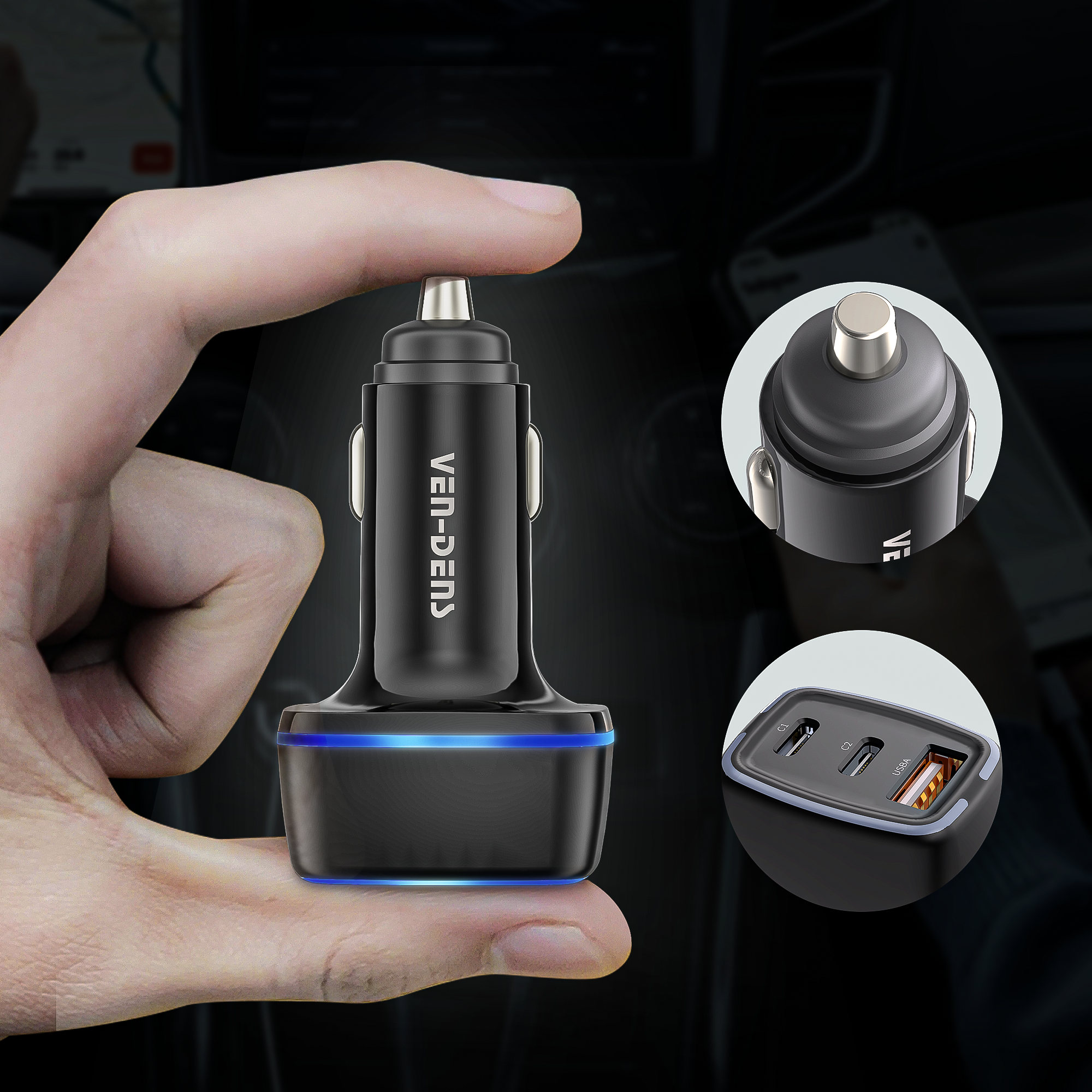 Cargador coche USB-C + USB 40W | Doble Type-C PD20W + USB QC18W con luz LED（VEN-DENS CC008)