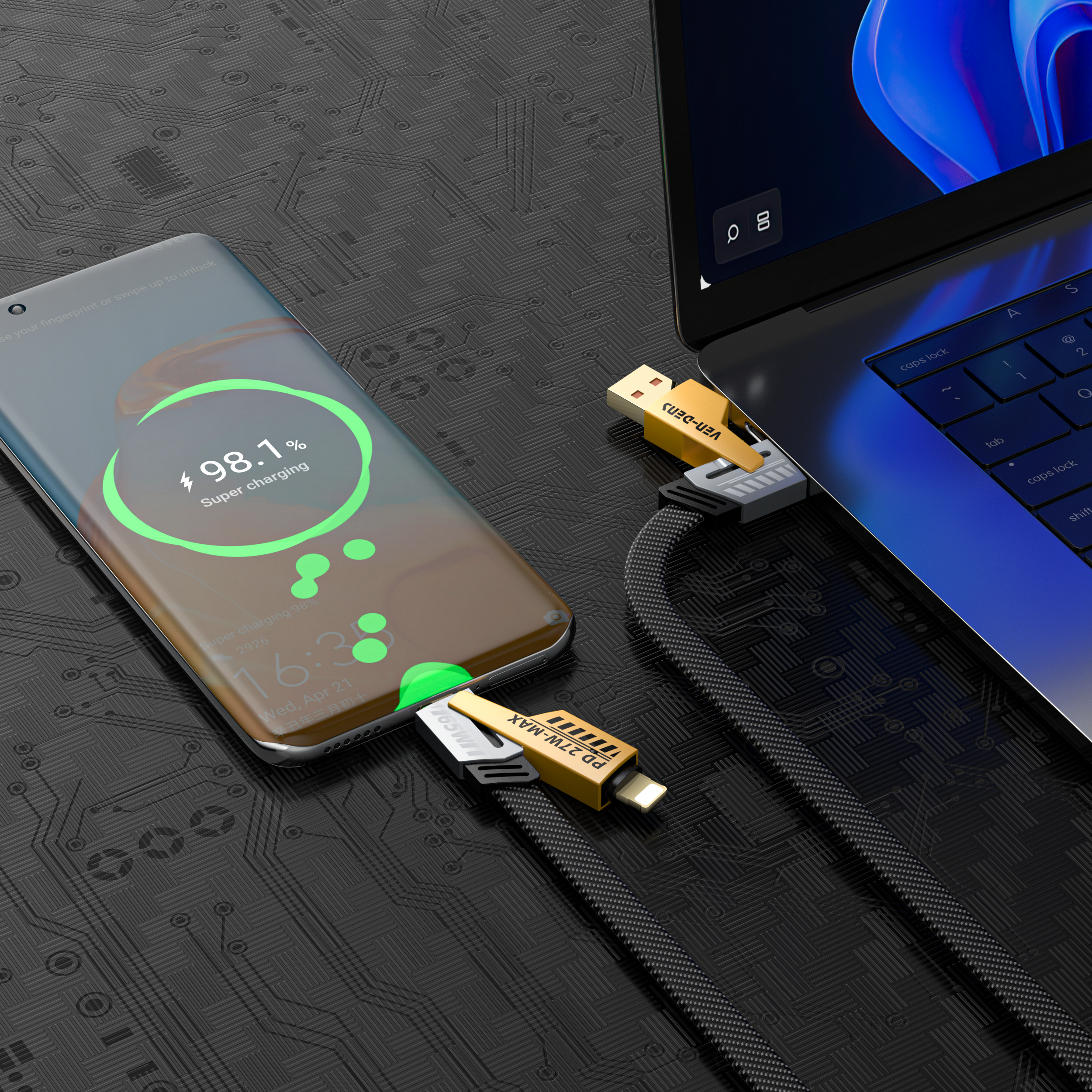 Cable 4 en 1 de carga rápida 65W | Nylon trenzado y conectores de aleación de zinc (USB-C, Lightning)(VEN-DENS DCA05)