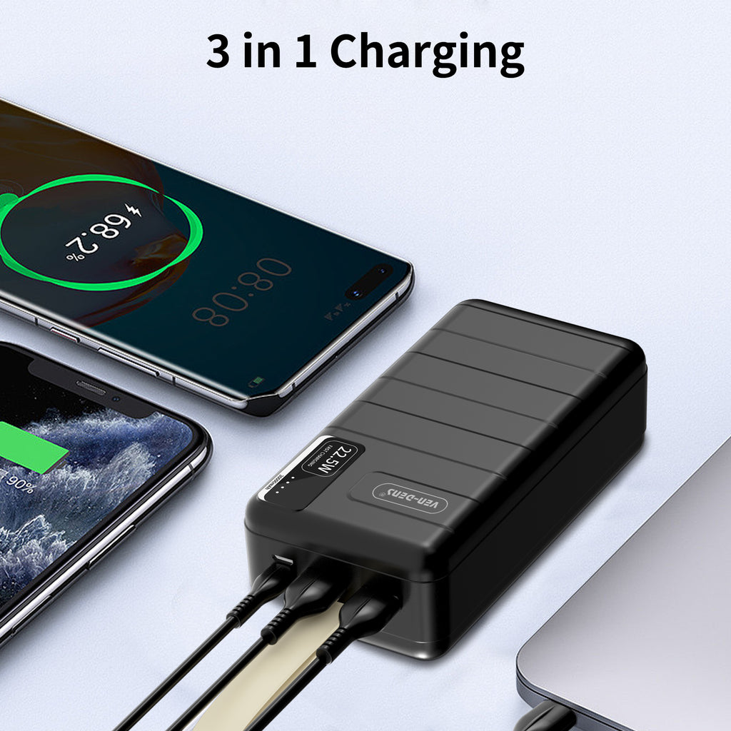 Power Bank 30000mAh 22.5W carga rápida | Batería externa con 2 USB + USB-C y LED indicador（VEN-DENS PB012)
