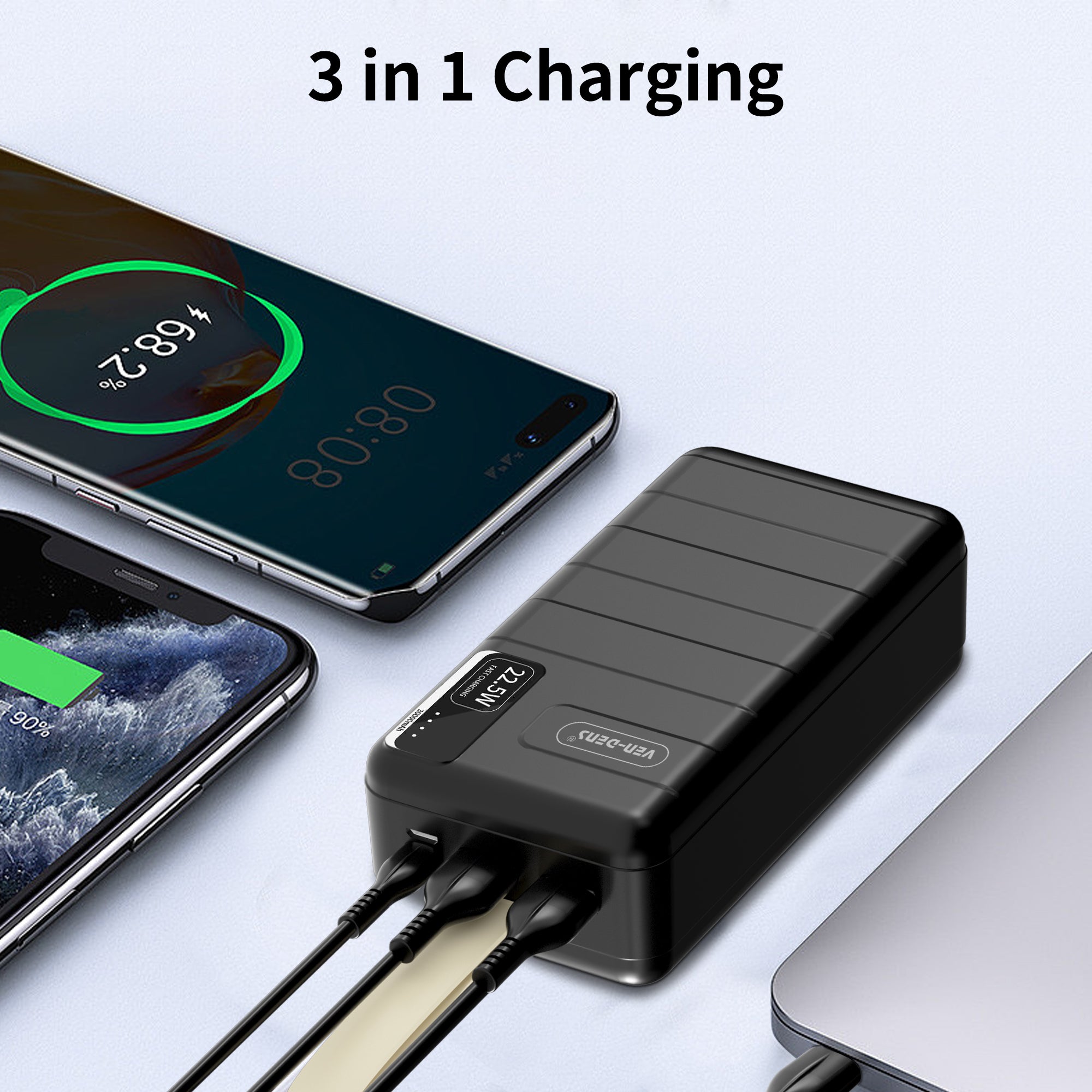 Power Bank 30000mAh 22.5W carga rápida | Batería externa con 2 USB + USB-C y LED indicador（VEN-DENS PB012)