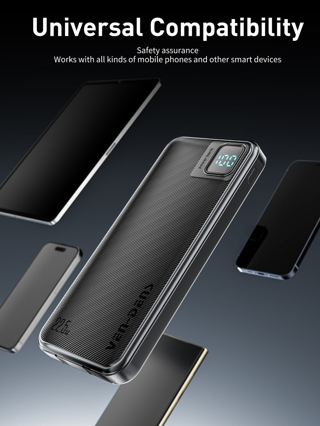 Power Bank 10000mAh 22.5W carga rápida con 4 cables integrados | Batería externa con pantalla LED (Blanco/Negro)（VEN-DENS PB060)