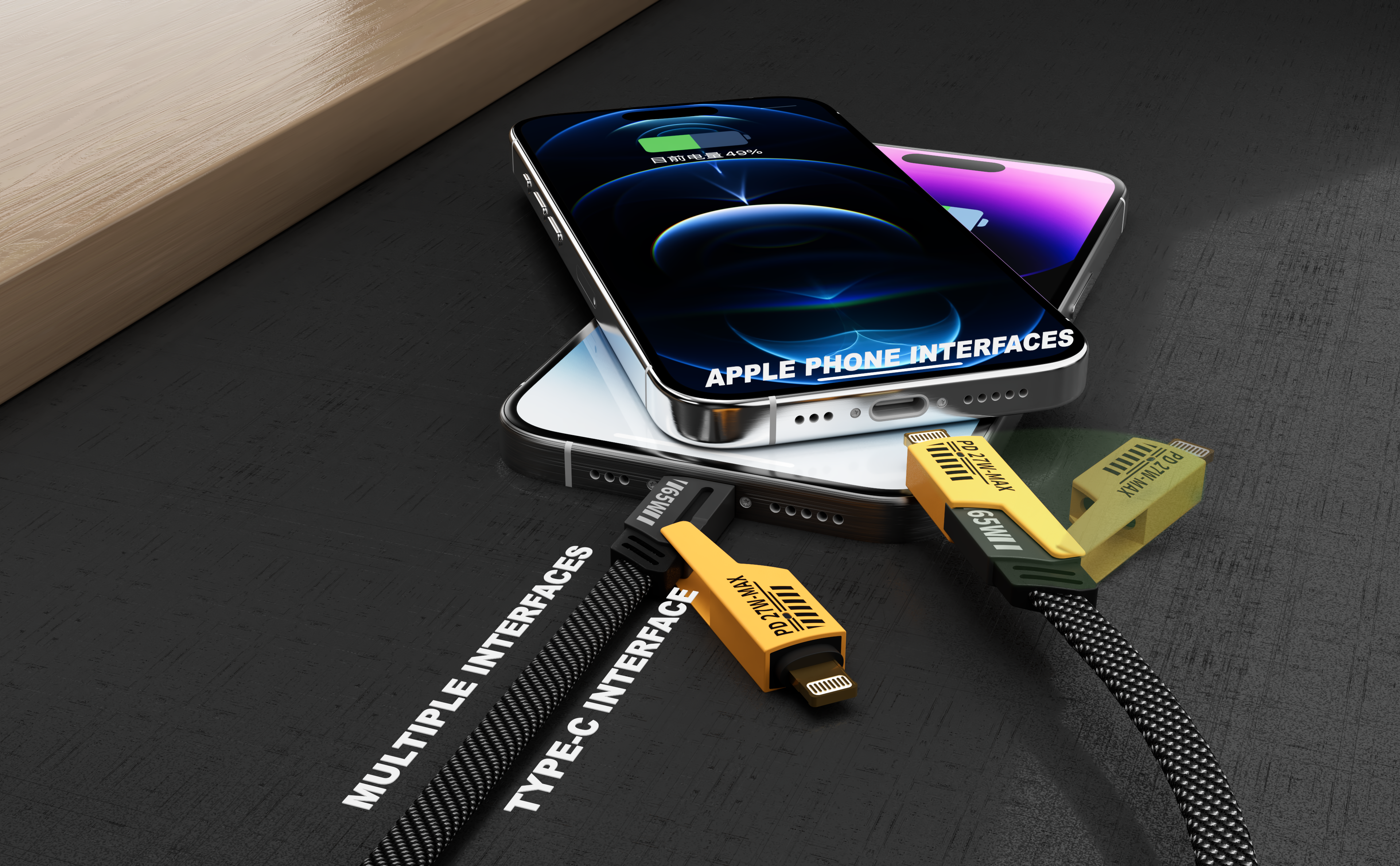 Cable 4 en 1 de carga rápida 65W | Nylon trenzado y conectores de aleación de zinc (USB-C, Lightning)(VEN-DENS DCA05)