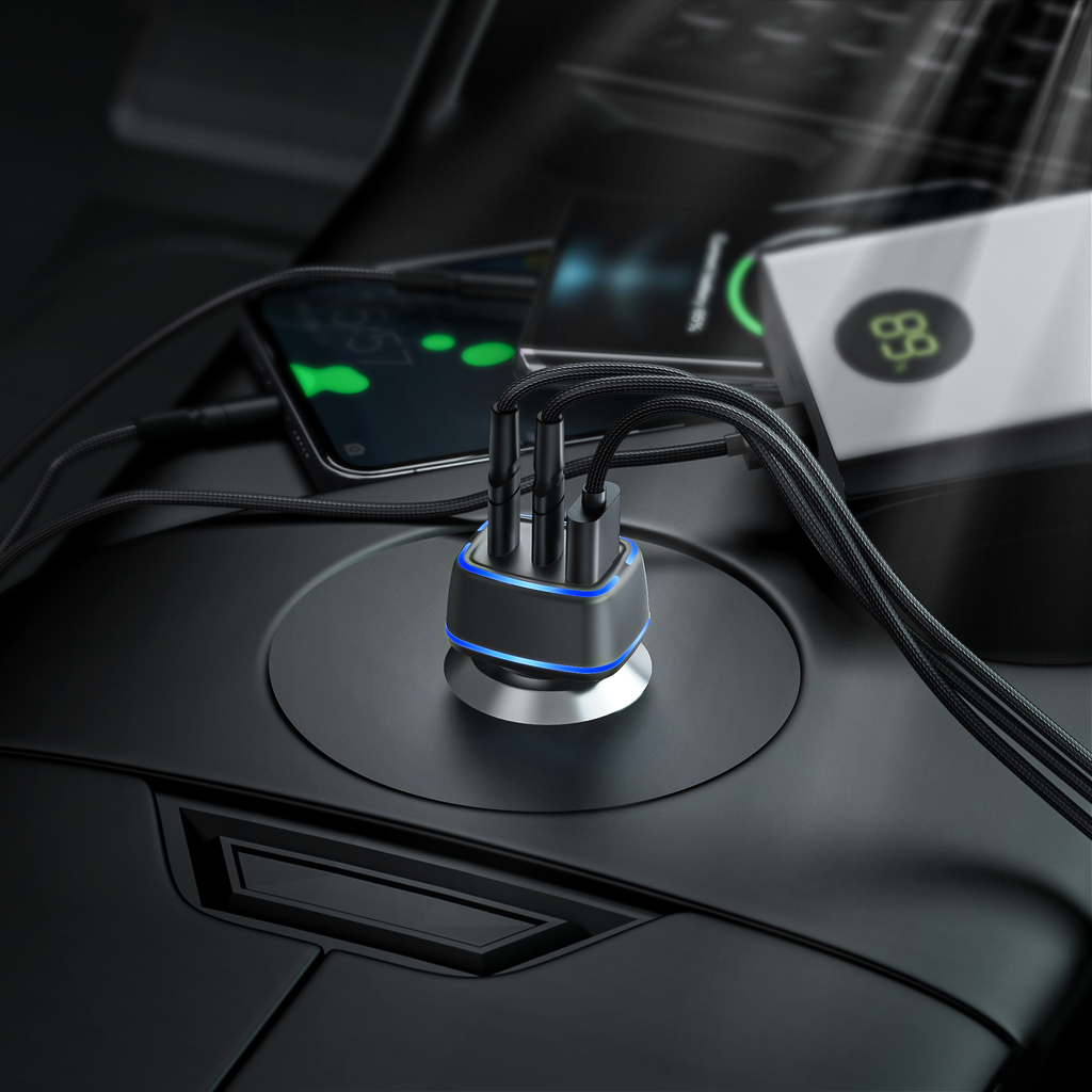 Cargador coche USB-C + USB 40W | Doble Type-C PD20W + USB QC18W con luz LED（VEN-DENS CC008)