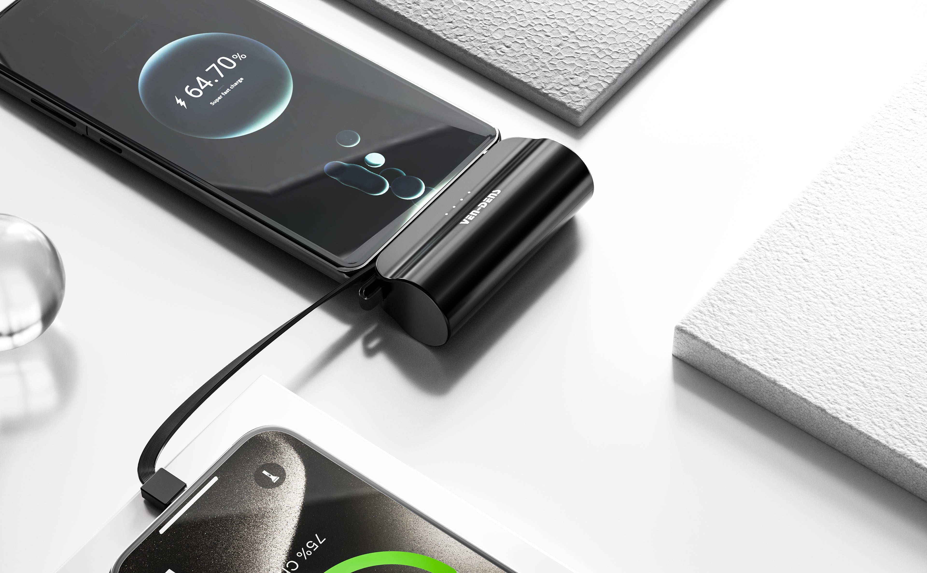 Mini Power Bank 5000mAh con Lightning + USB-C | Batería portátil compacta 10W (Negro/Blanco/Verde)（VEN-DENS PB053)