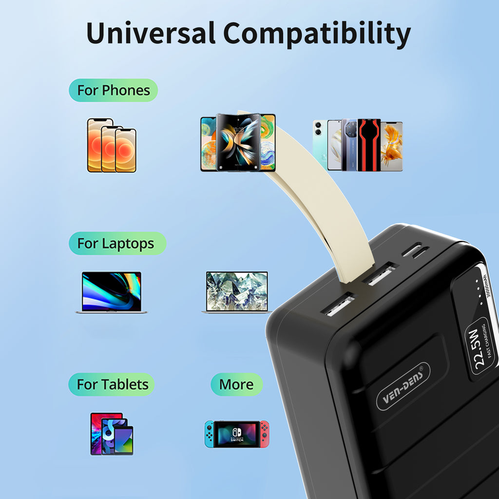 Power Bank 30000mAh 22.5W carga rápida | Batería externa con 2 USB + USB-C y LED indicador（VEN-DENS PB012)