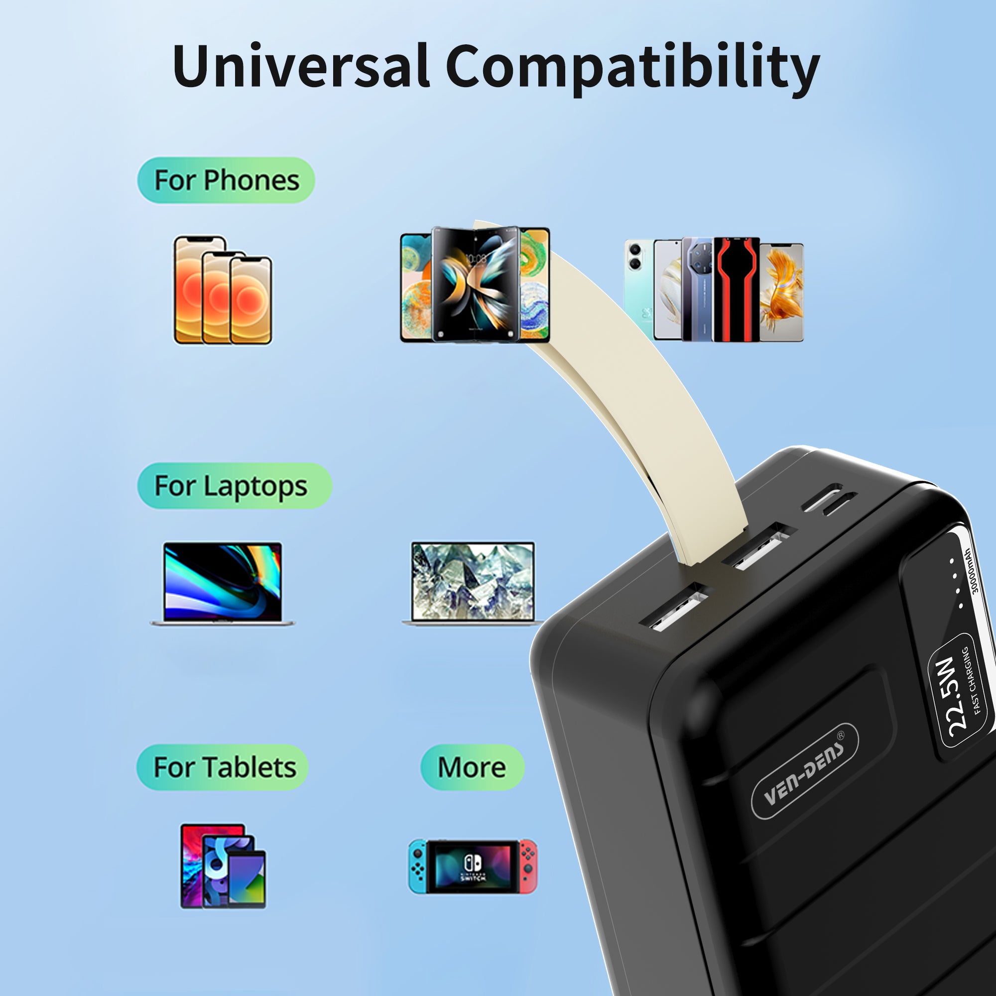 Power Bank 30000mAh 22.5W carga rápida | Batería externa con 2 USB + USB-C y LED indicador（VEN-DENS PB012)
