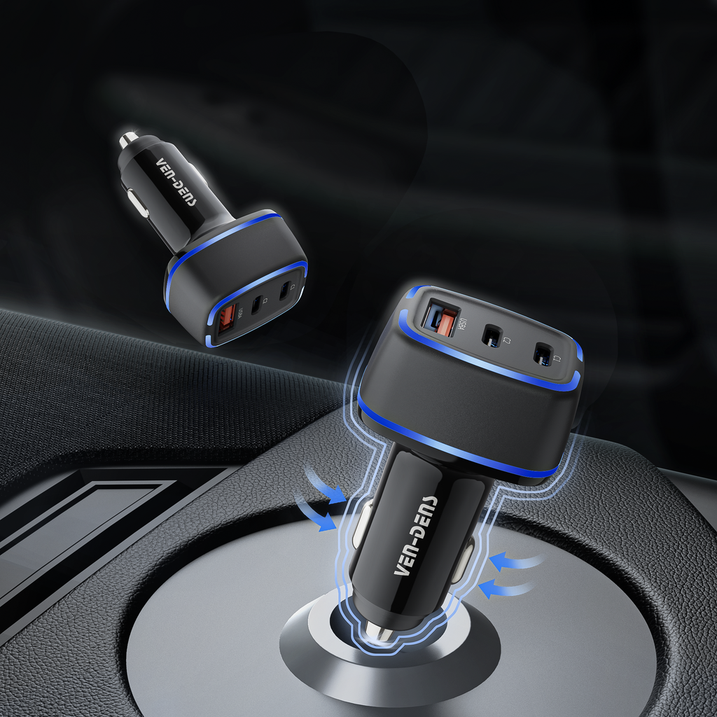 Cargador coche USB-C + USB 40W | Doble Type-C PD20W + USB QC18W con luz LED（VEN-DENS CC008)